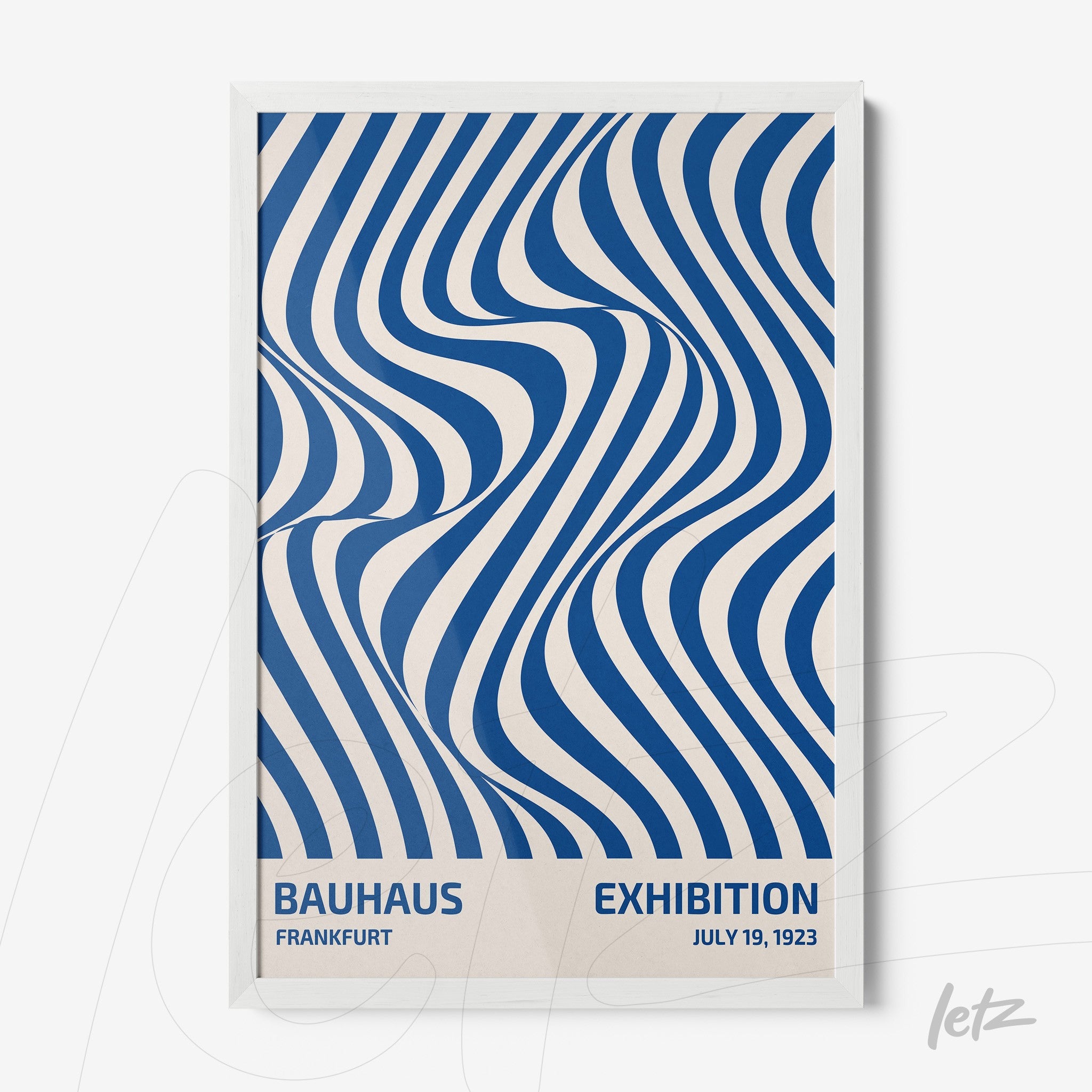 poster featuring blue curved geometric pattern in white frame