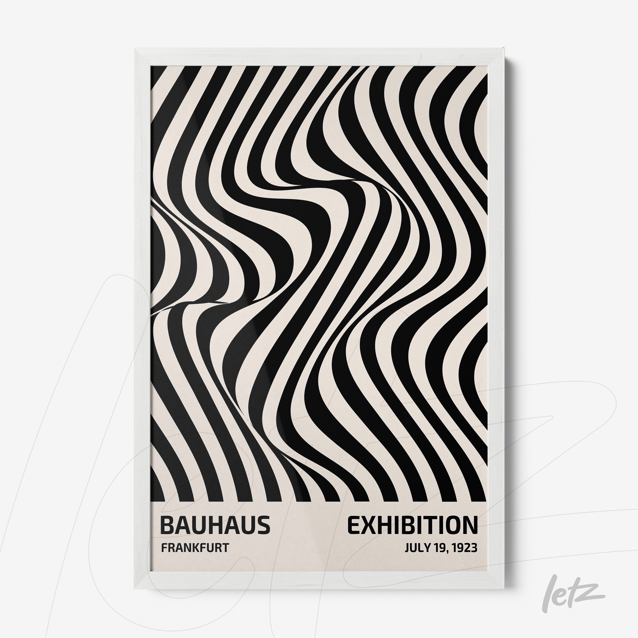 black and white geometric poster design with text about Bauhaus exhibition in white frame