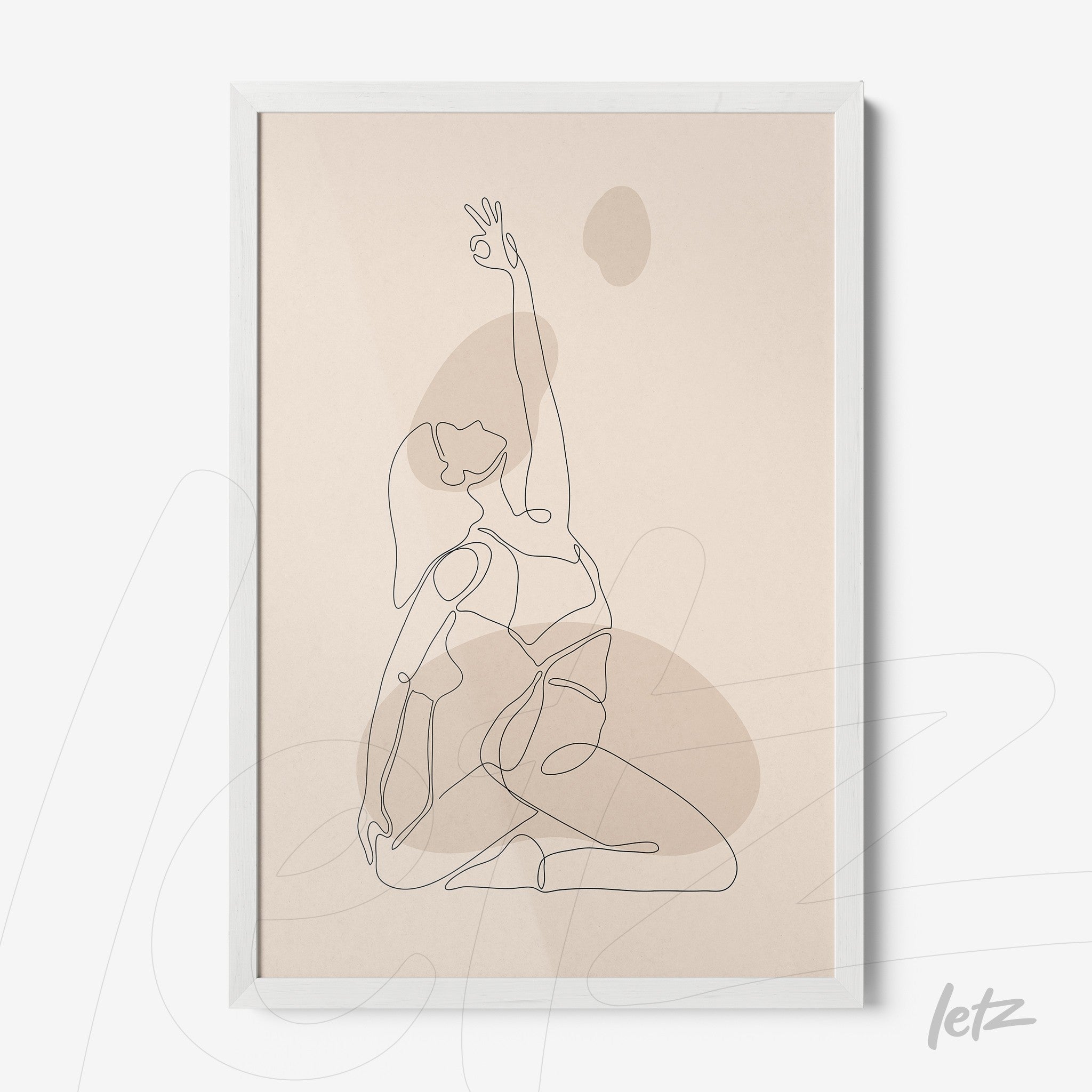 minimalist framed line art of a woman in yoga pose with white frame