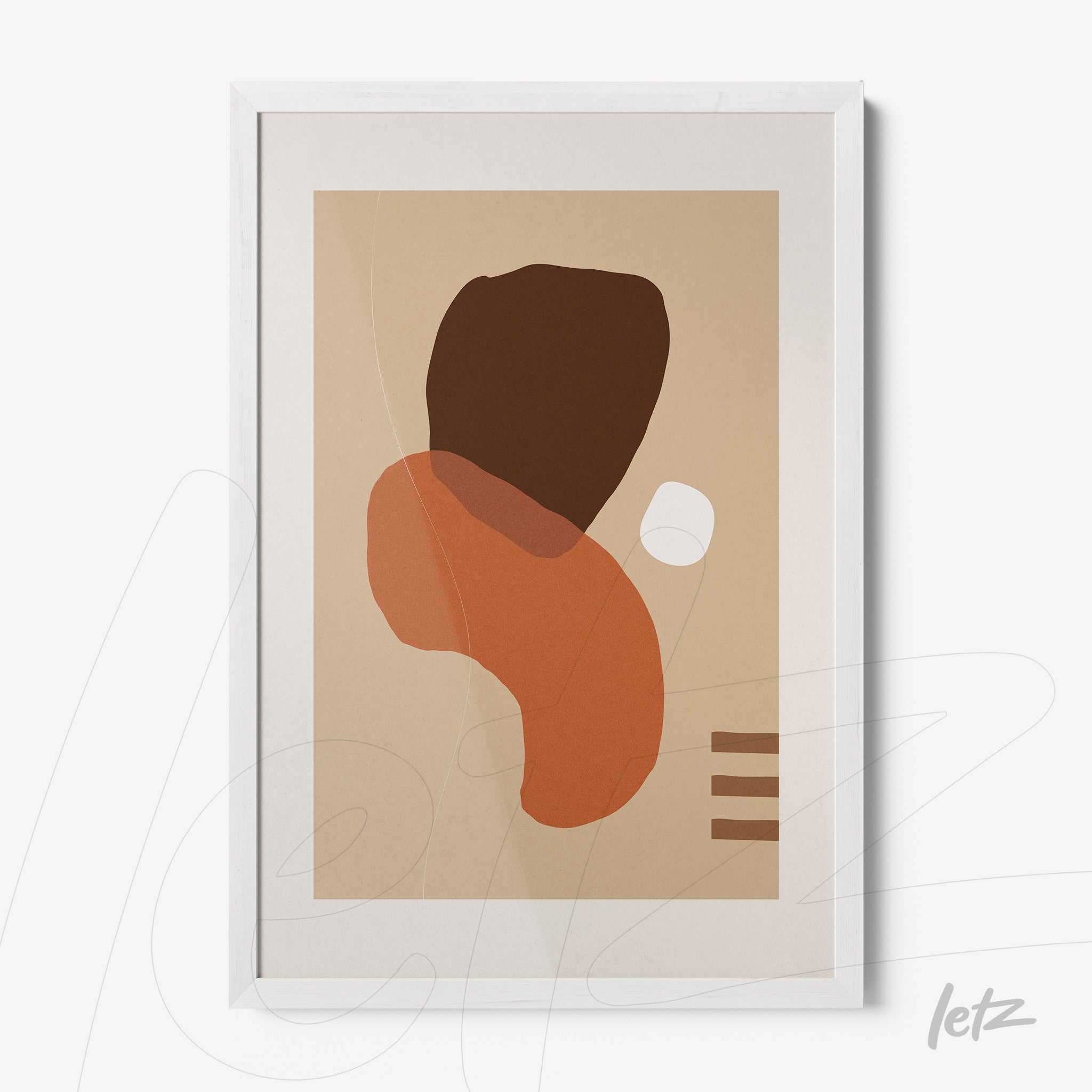 abstract art print featuring organic shapes in earthy tones framed with white wood