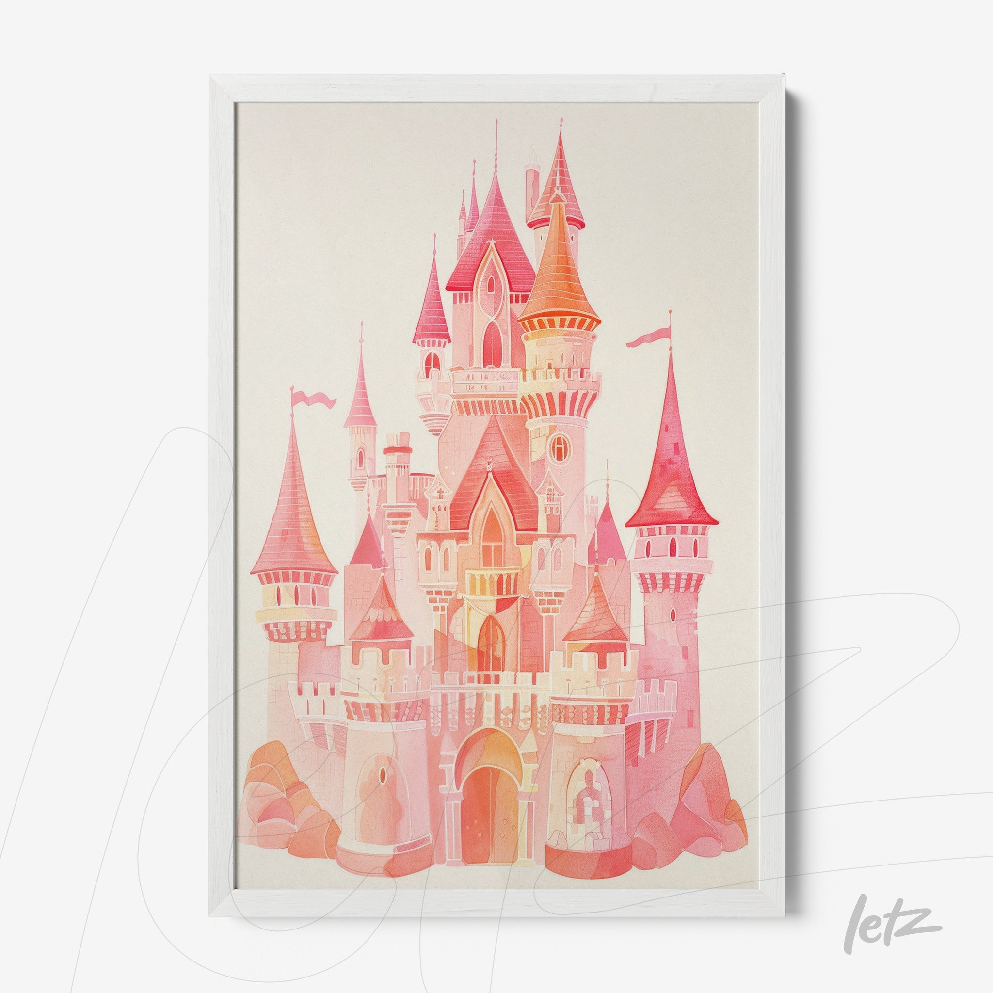 framed artwork of a pink castle with coral and pink towers