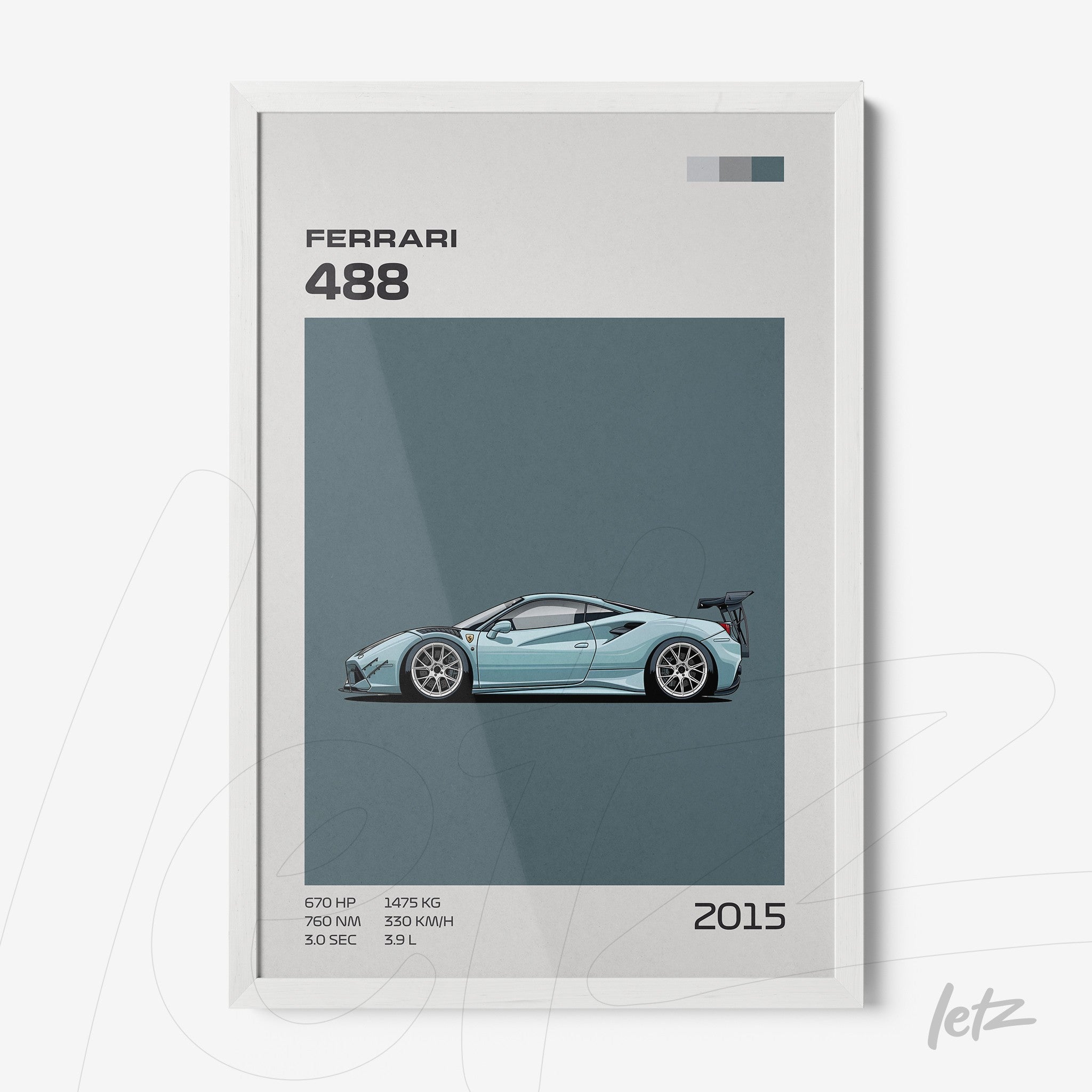 framed artwork featuring a stylized illustration of a Ferrari 488 sports car with white frame