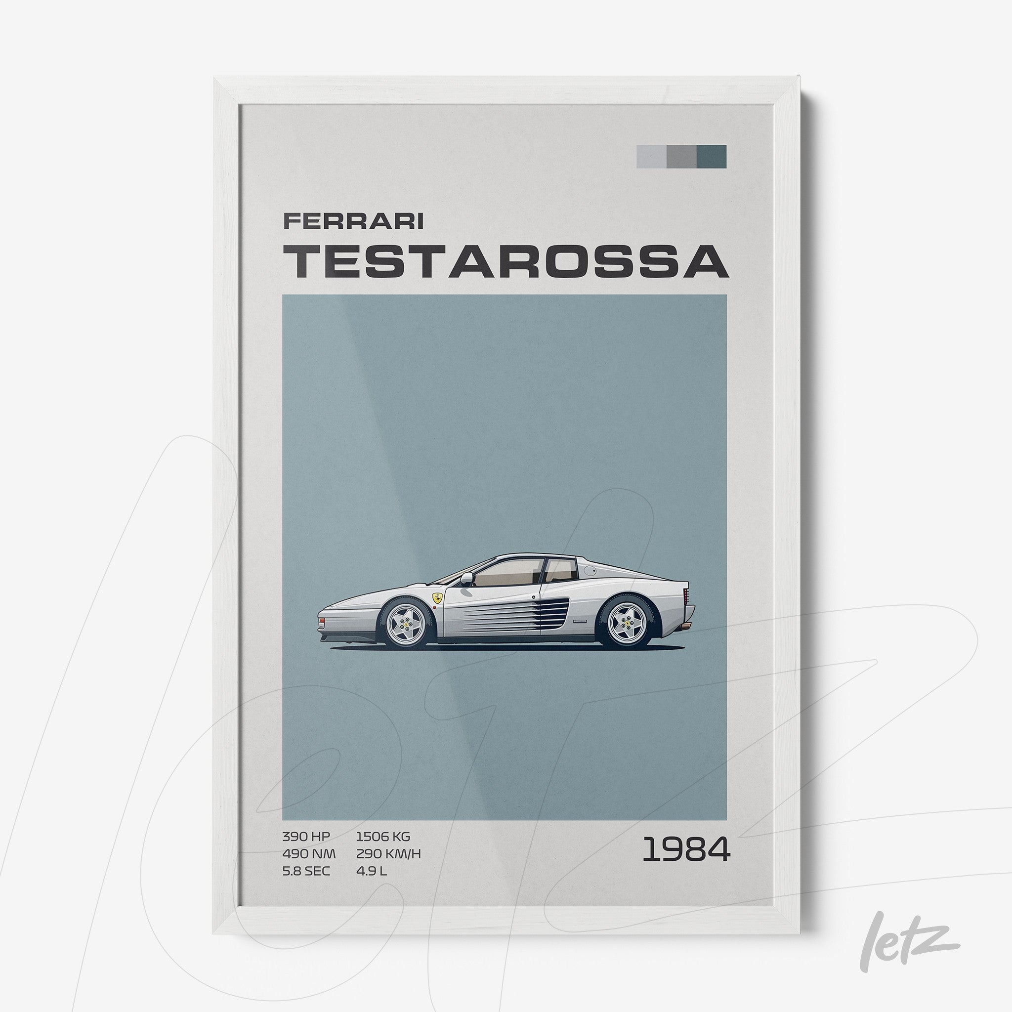 framed artwork featuring a stylized illustration of the Ferrari Testarossa with a white frame