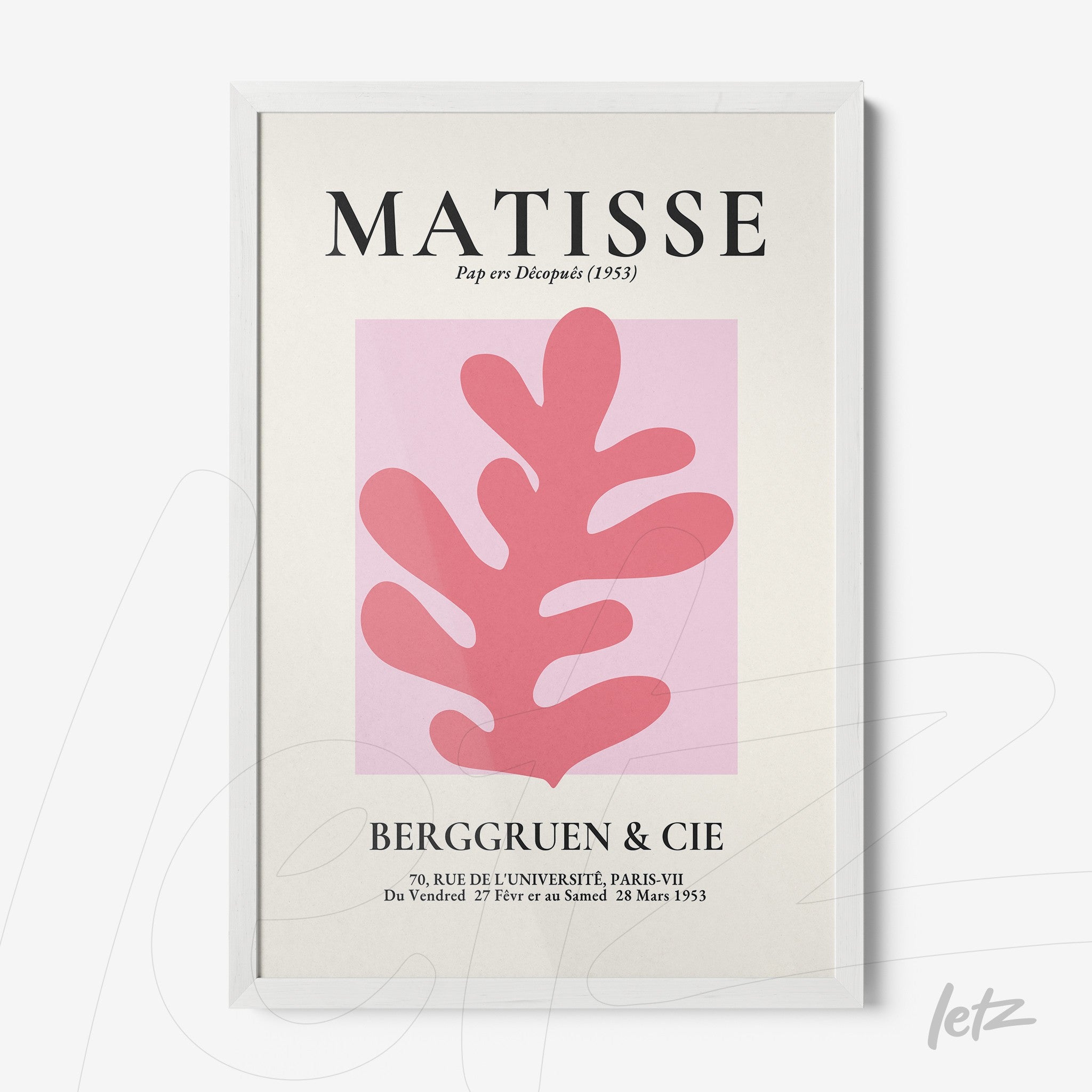 framed art inspired by Matisse featuring a pink plant shape on cream background with white frame
