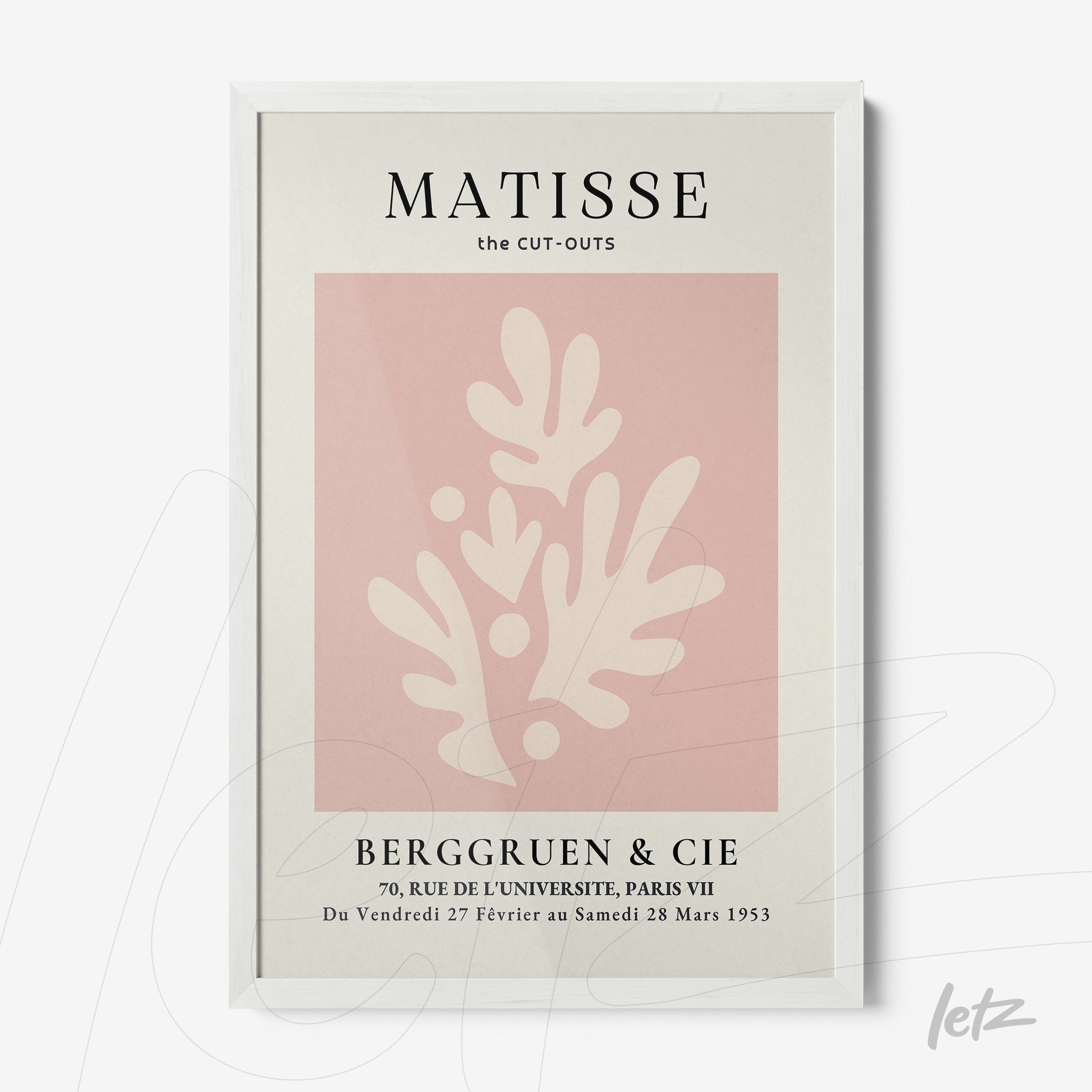 framed art piece inspired by henri matisse featuring soft pink background and black stylized text