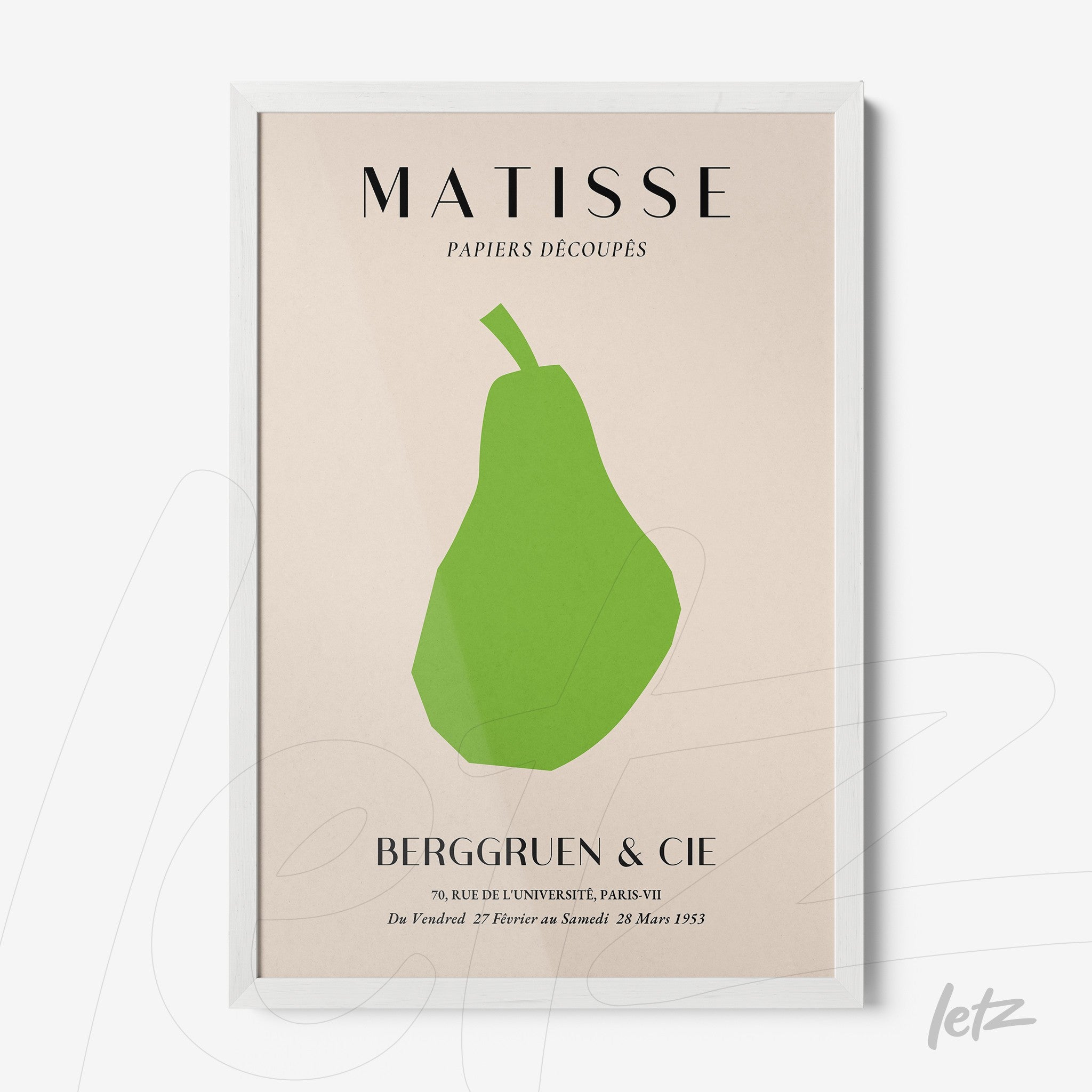framed modern art print of a stylized green pear on a light background