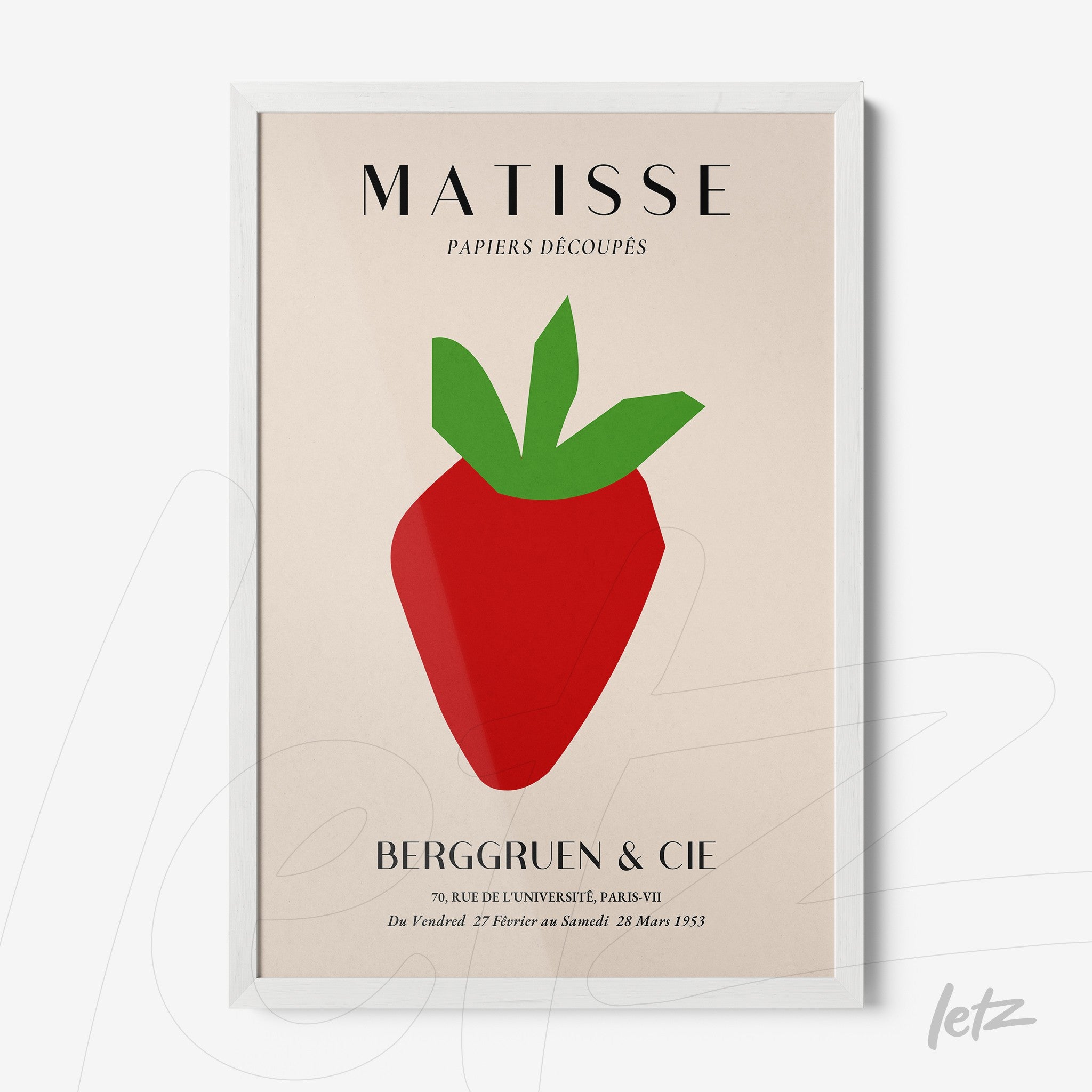 framed modern art depicting a stylized strawberry with white frame
