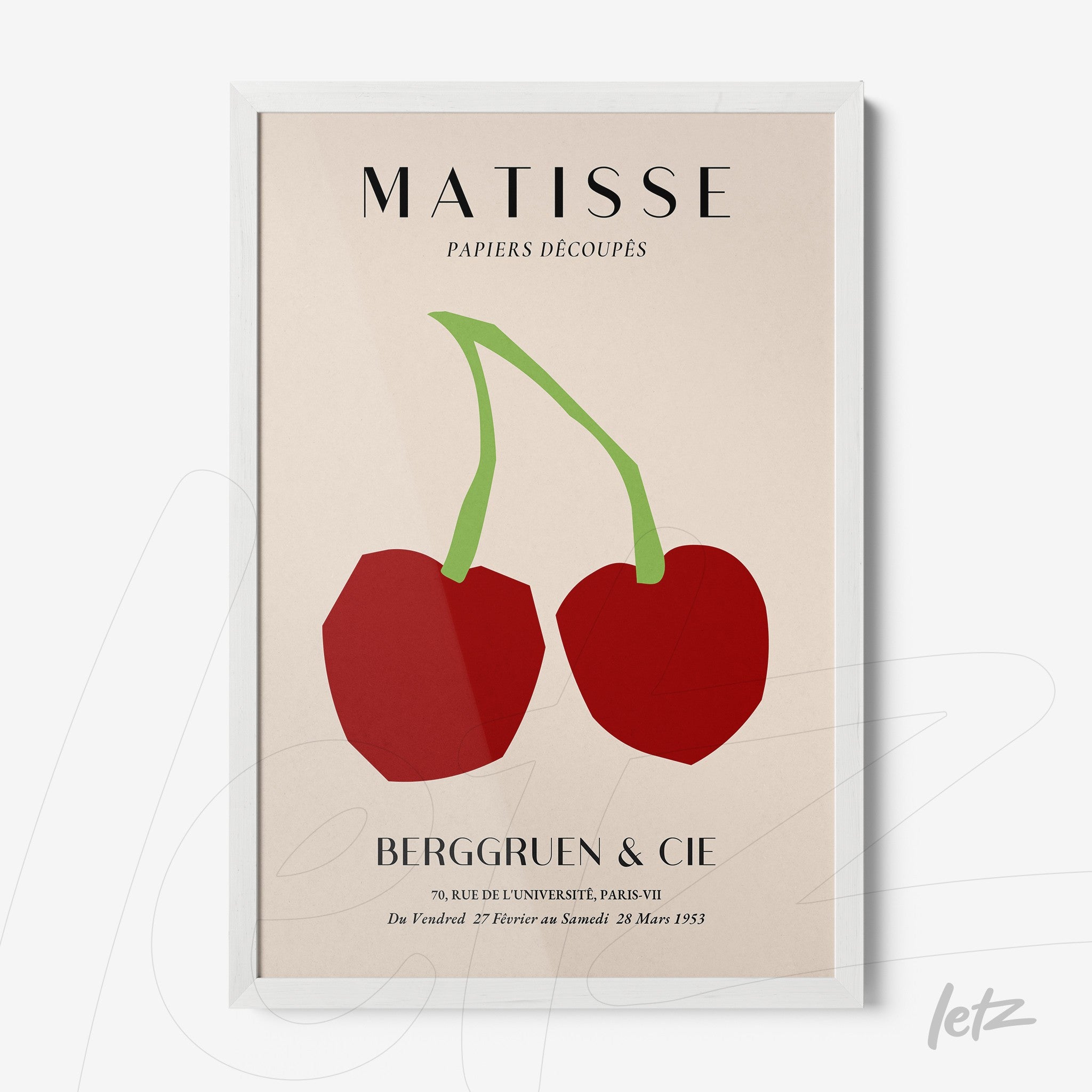 framed abstract art of red cherries in Matisse style with white frame