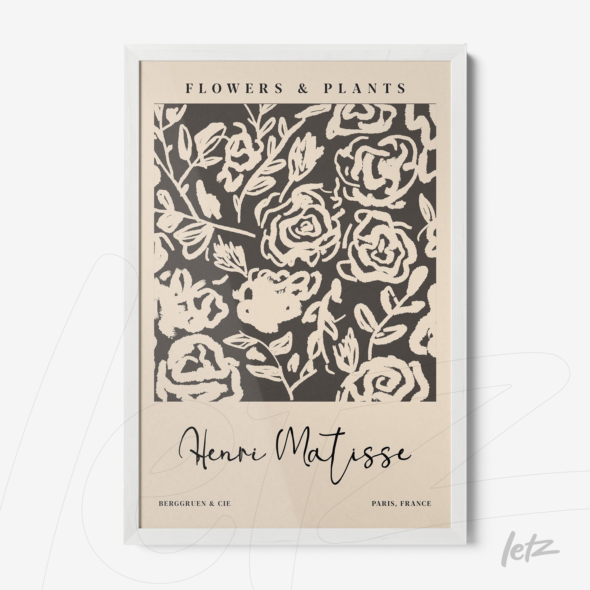 decorative wall art featuring stylized white flowers on a dark background with a white frame