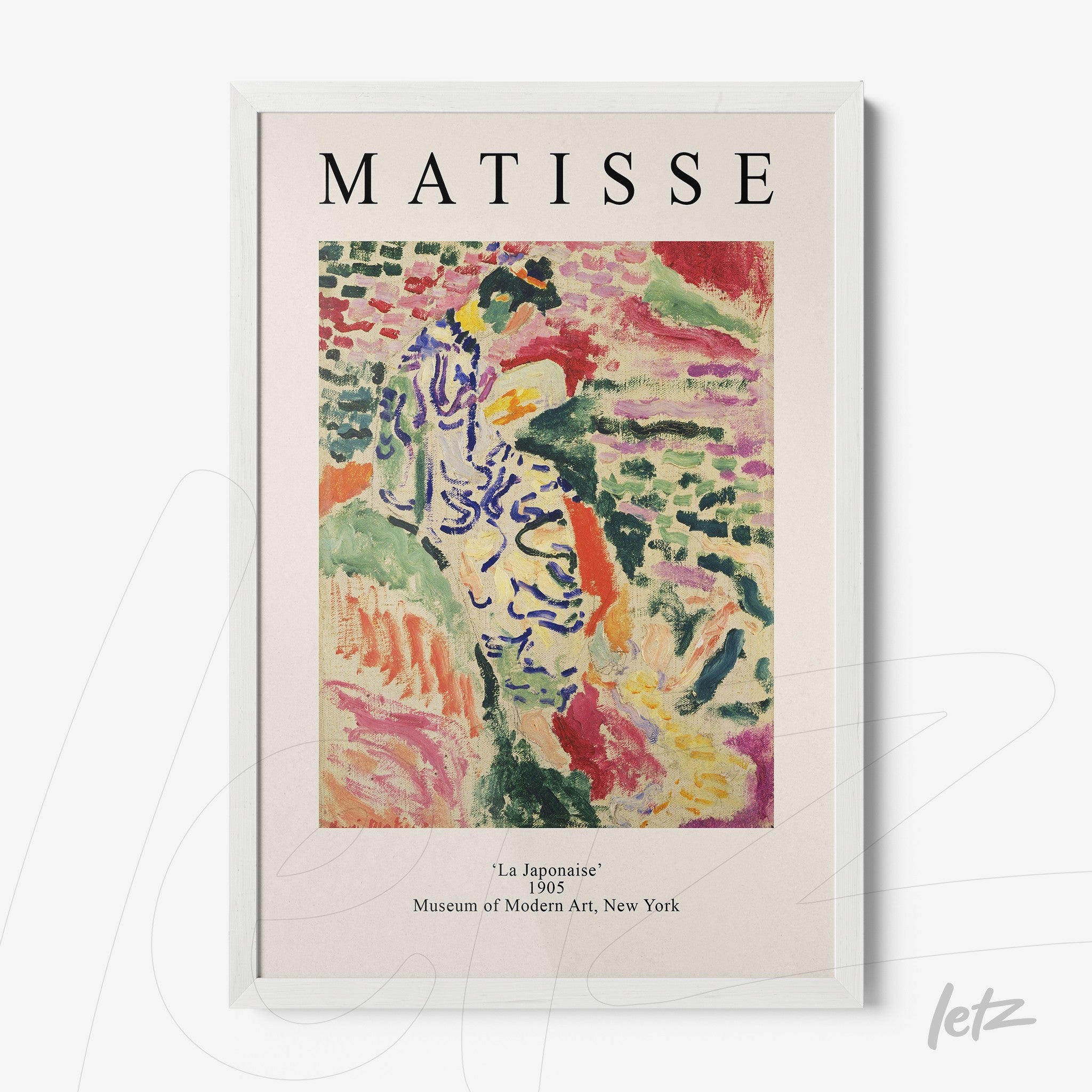 framed artwork by Matisse titled 'La Japonaise', white frame with a light textured background and colorful elements