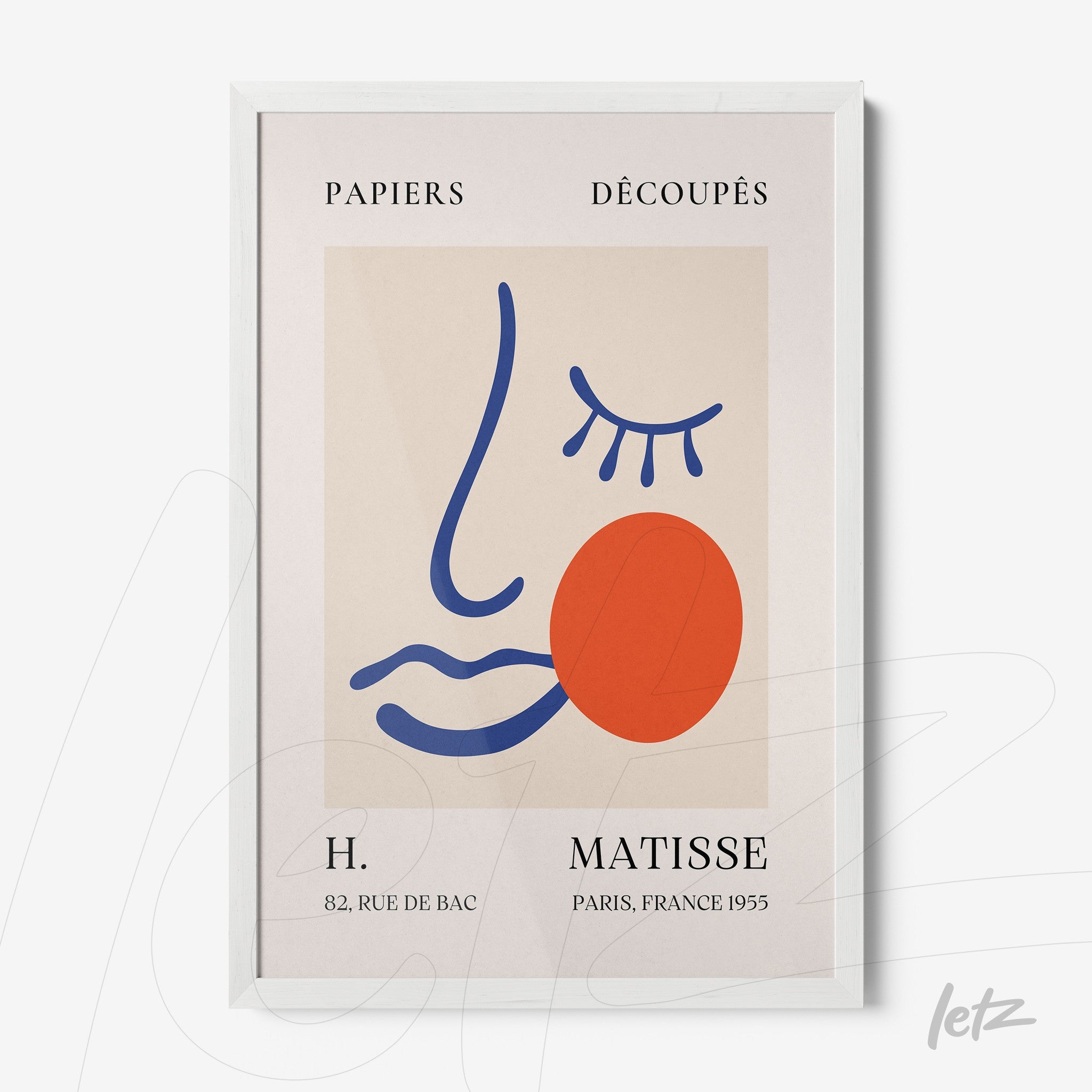 framed modern art print of a stylized face in blue and orange tones with a white frame and neutral background