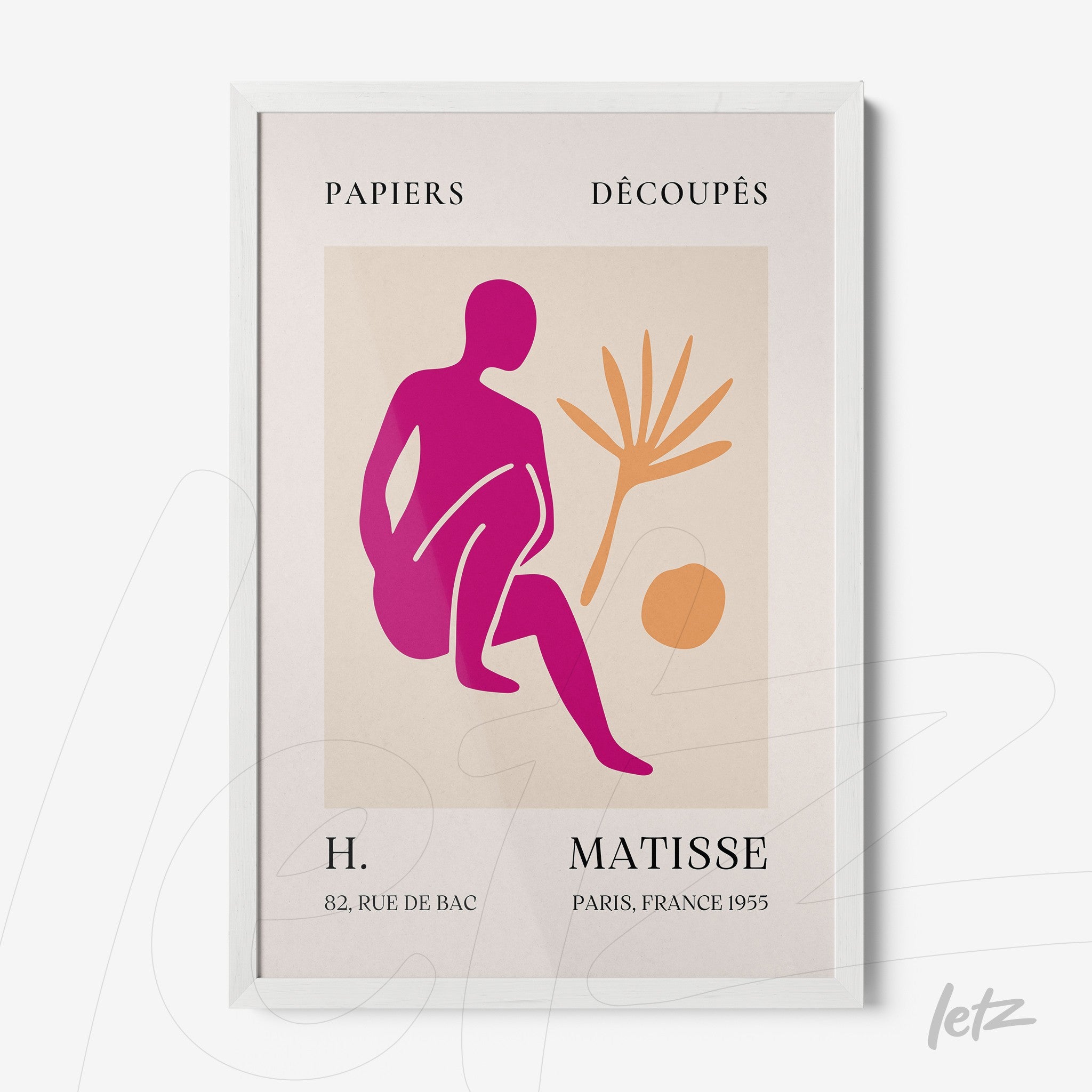 framed art featuring a stylized human figure in shades of pink and orange with a white frame and cream background