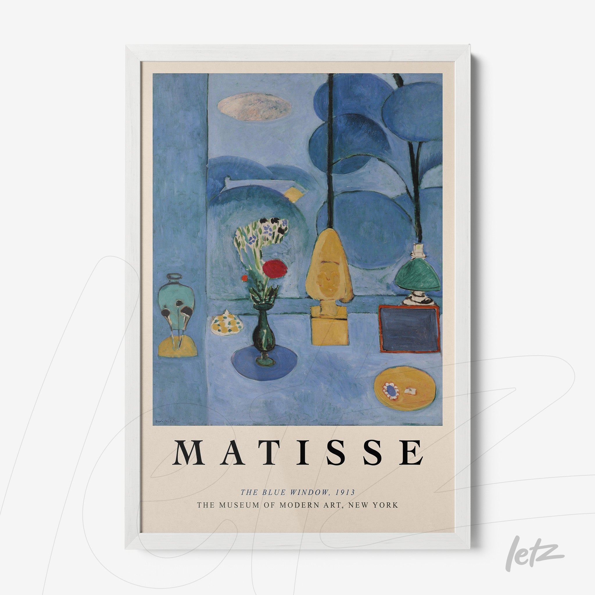 framed artwork by Matisse titled The Window featuring soft colors and organic shapes with a white frame