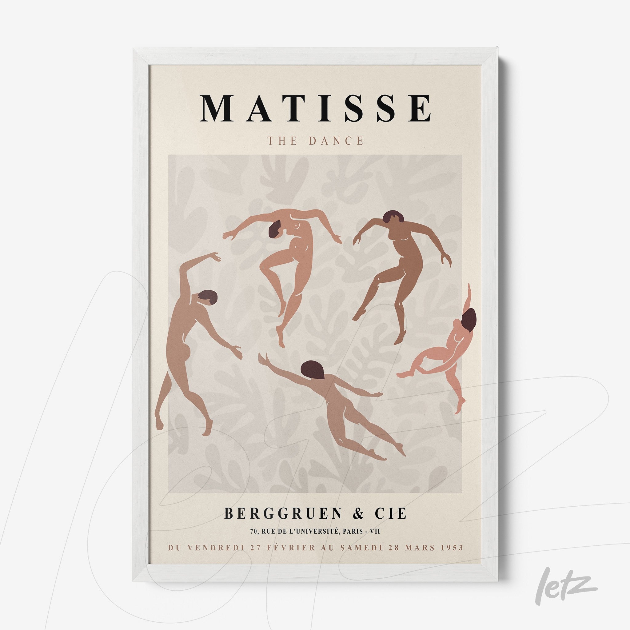 framed wall art inspired by Matisse featuring abstract dancers in a light pink background with white frame