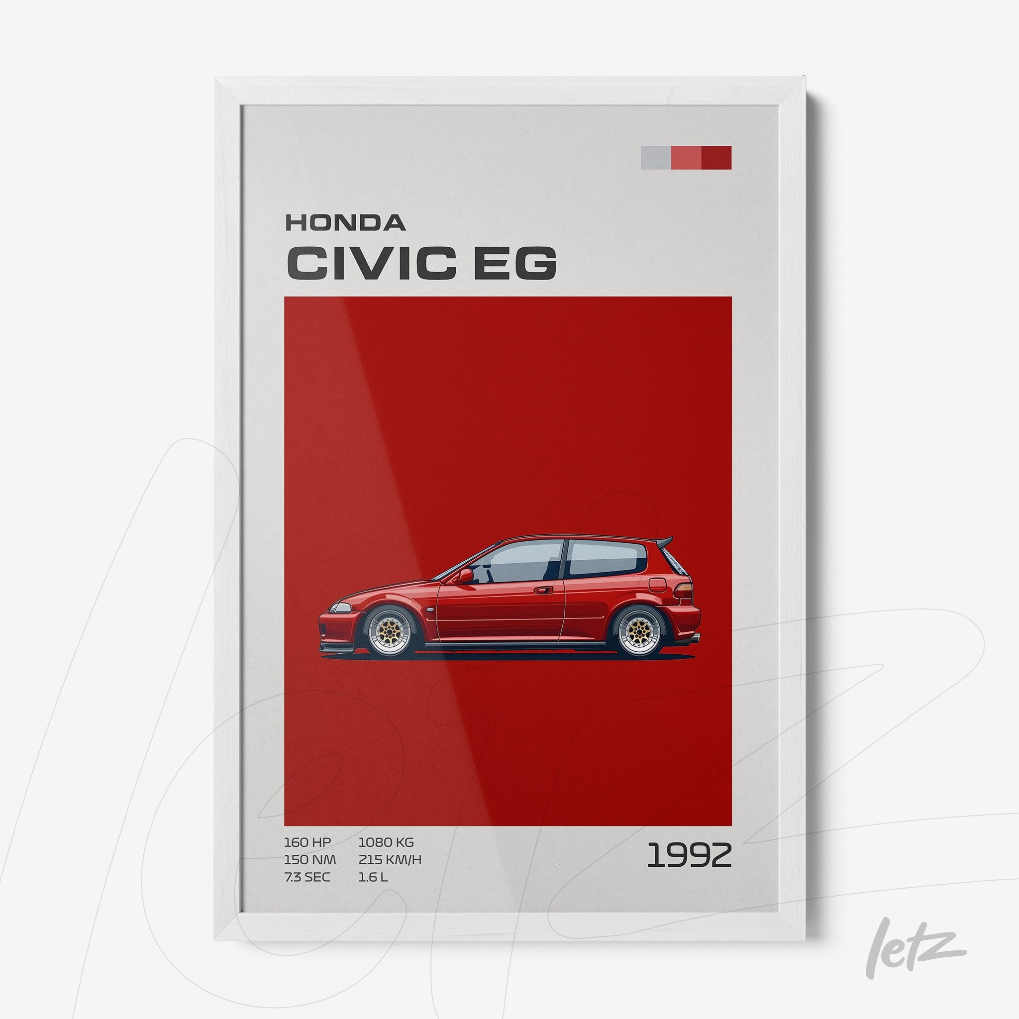 framed wall art featuring digital illustration of Honda Civic EG 1992 on red background with white frame