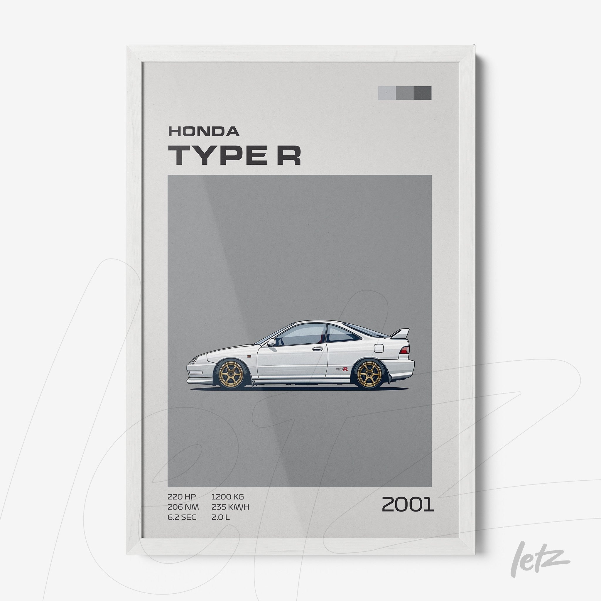 framed art featuring a detailed illustration of the 2001 Honda Type R on a gray background with a white frame