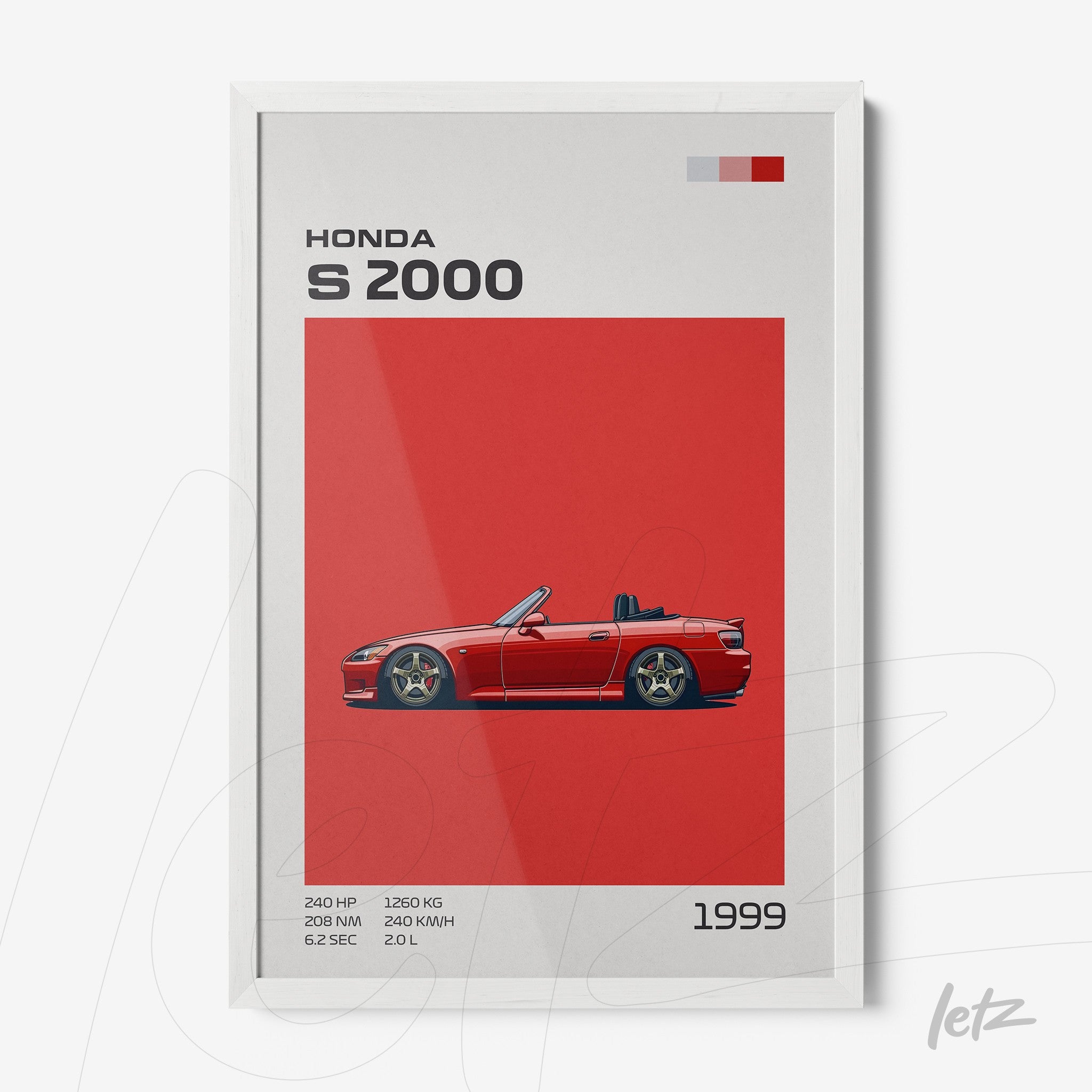 framed minimalist art of Honda S2000 car on red background with white frame