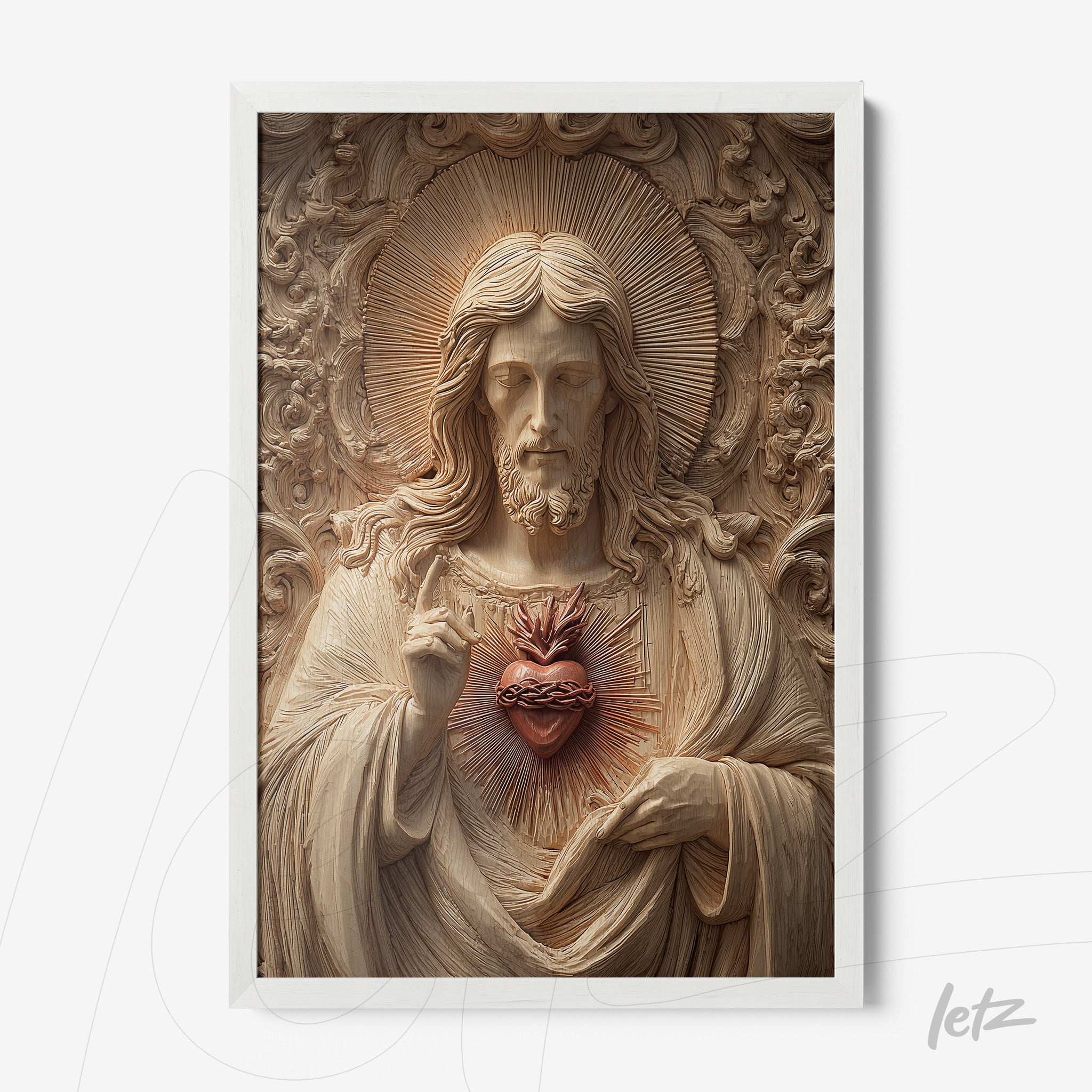 framed wall art depicting a religious representation of Jesus Christ in relief, featuring a prominent sacred heart