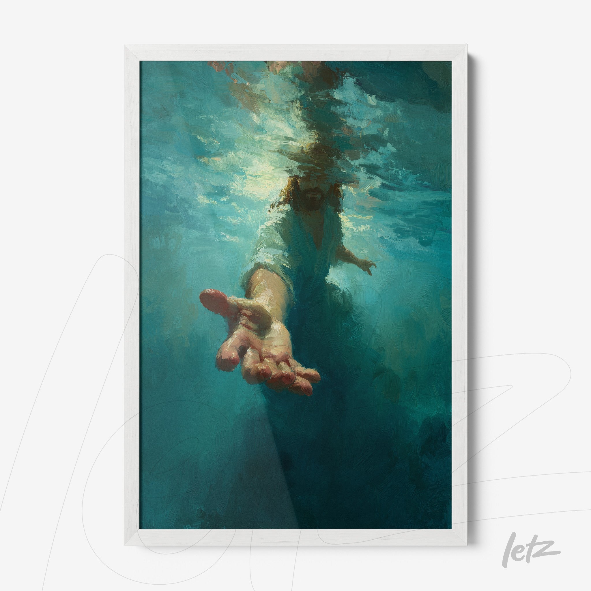 framed impressionist art of a hand emerging from blue water with a white frame