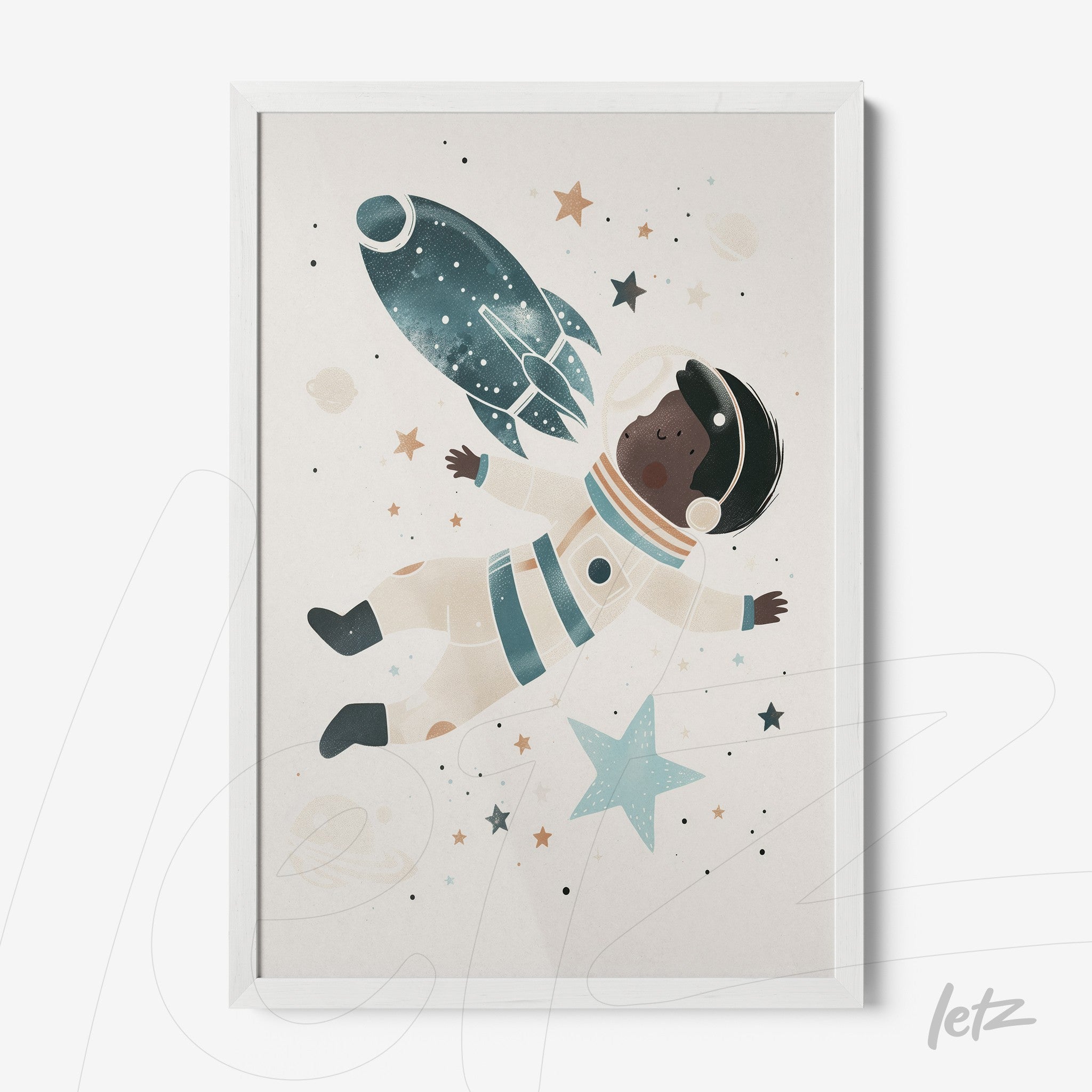 framed artwork featuring a black astronaut floating in space surrounded by stars and a rocket in a light background