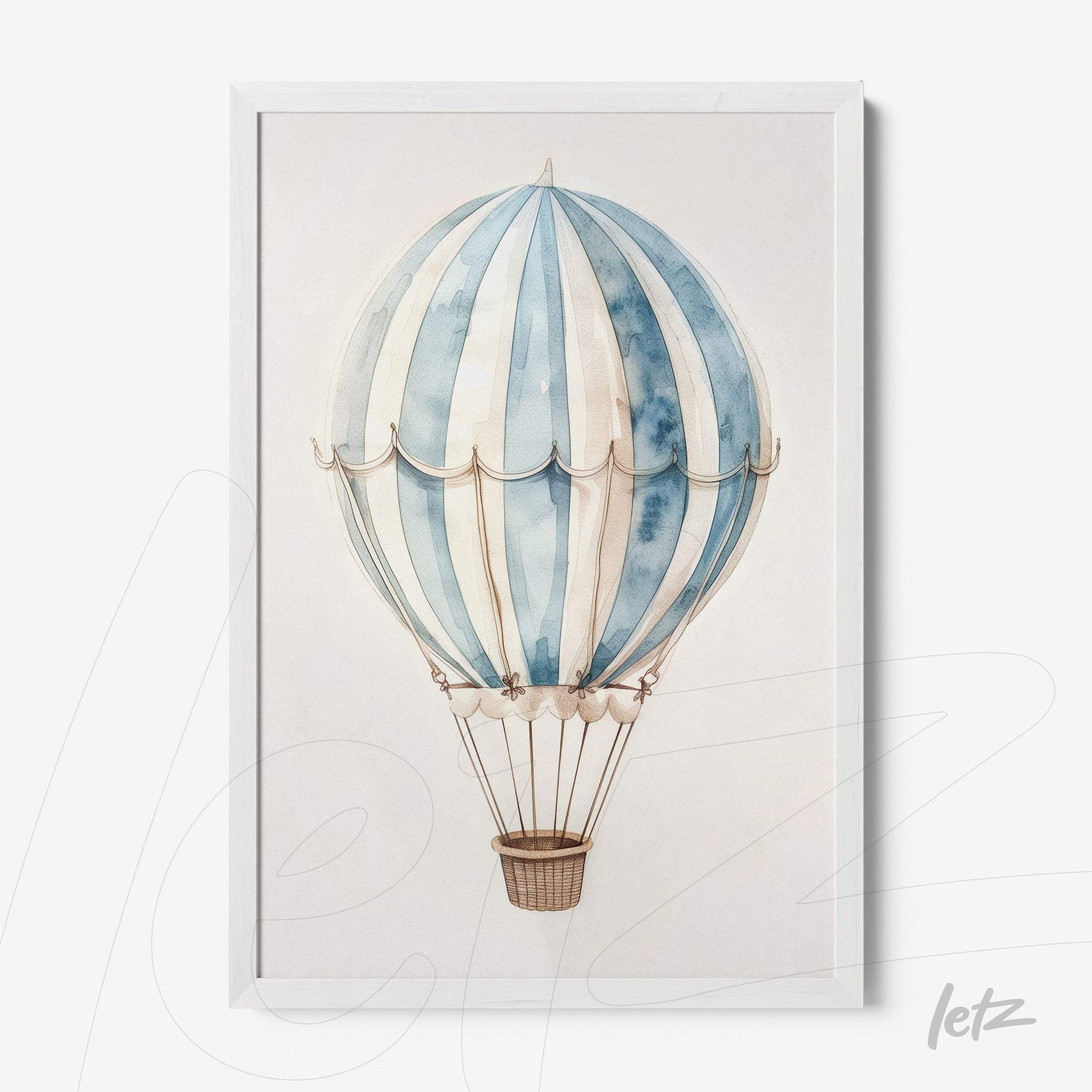 framed artwork of a hot air balloon in shades of blue and white with a white frame