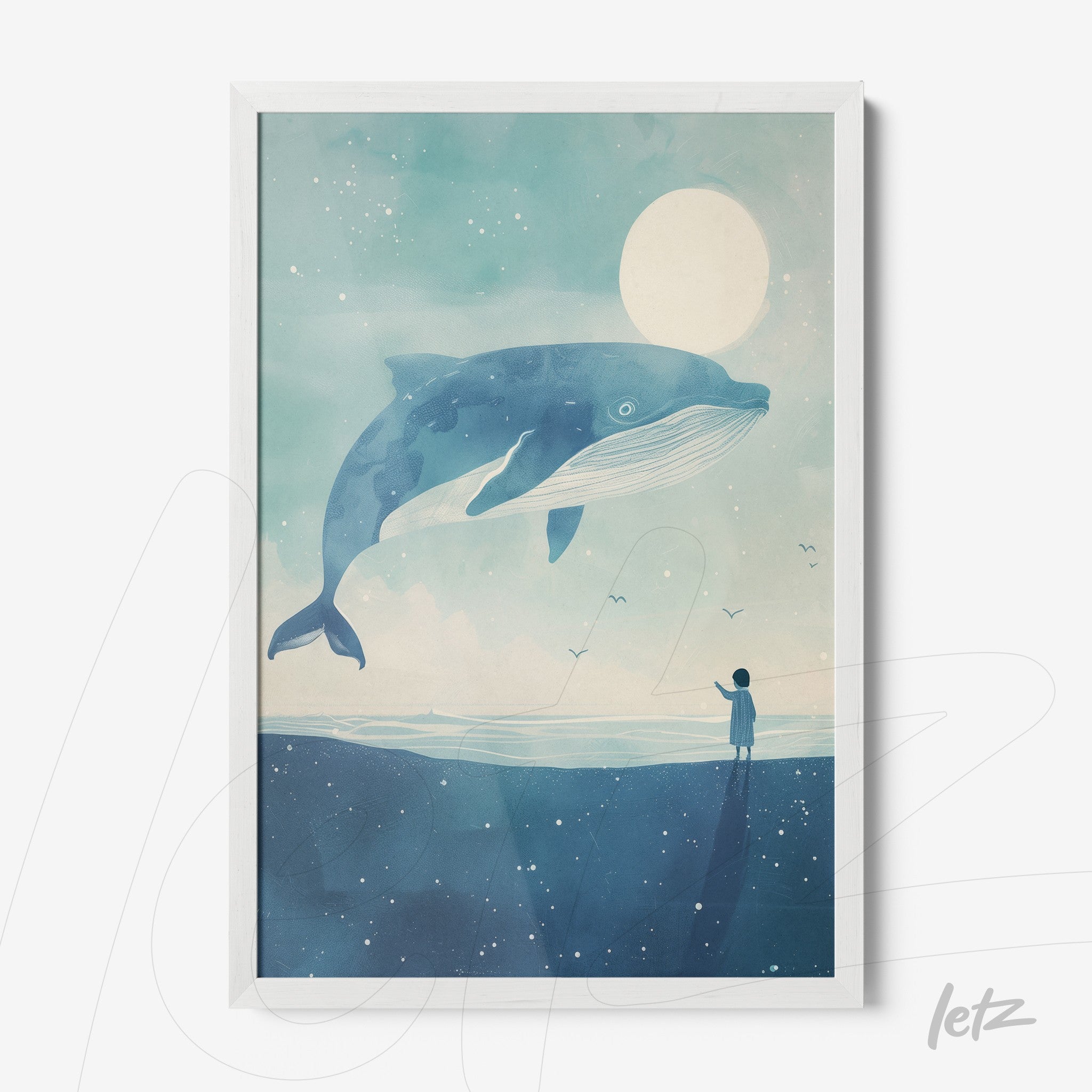 framed art featuring a blue whale under a starry sky, with a child gazing up at the giant animal