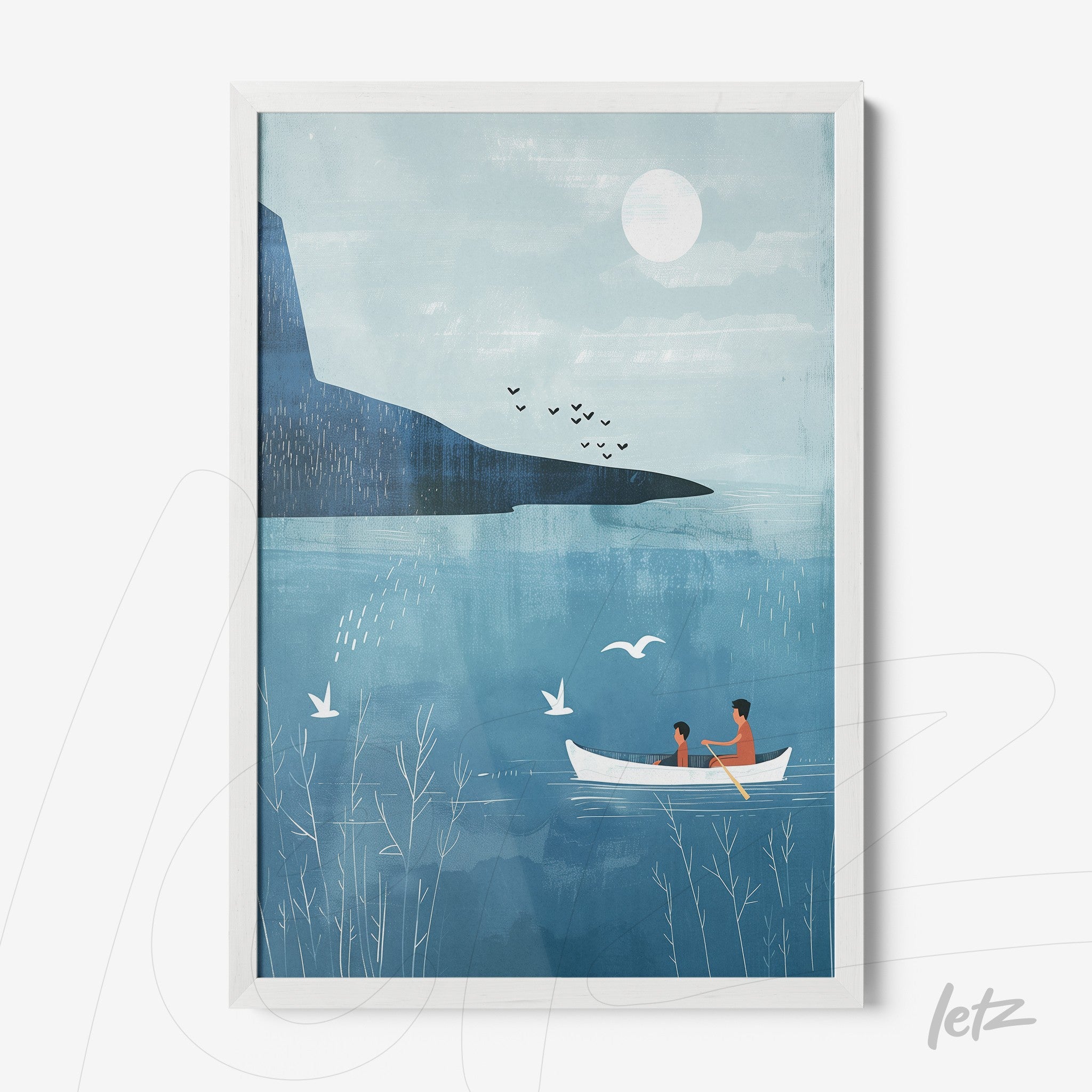 framed minimalist illustration of a couple in a boat on a blue lake with mountains in the background