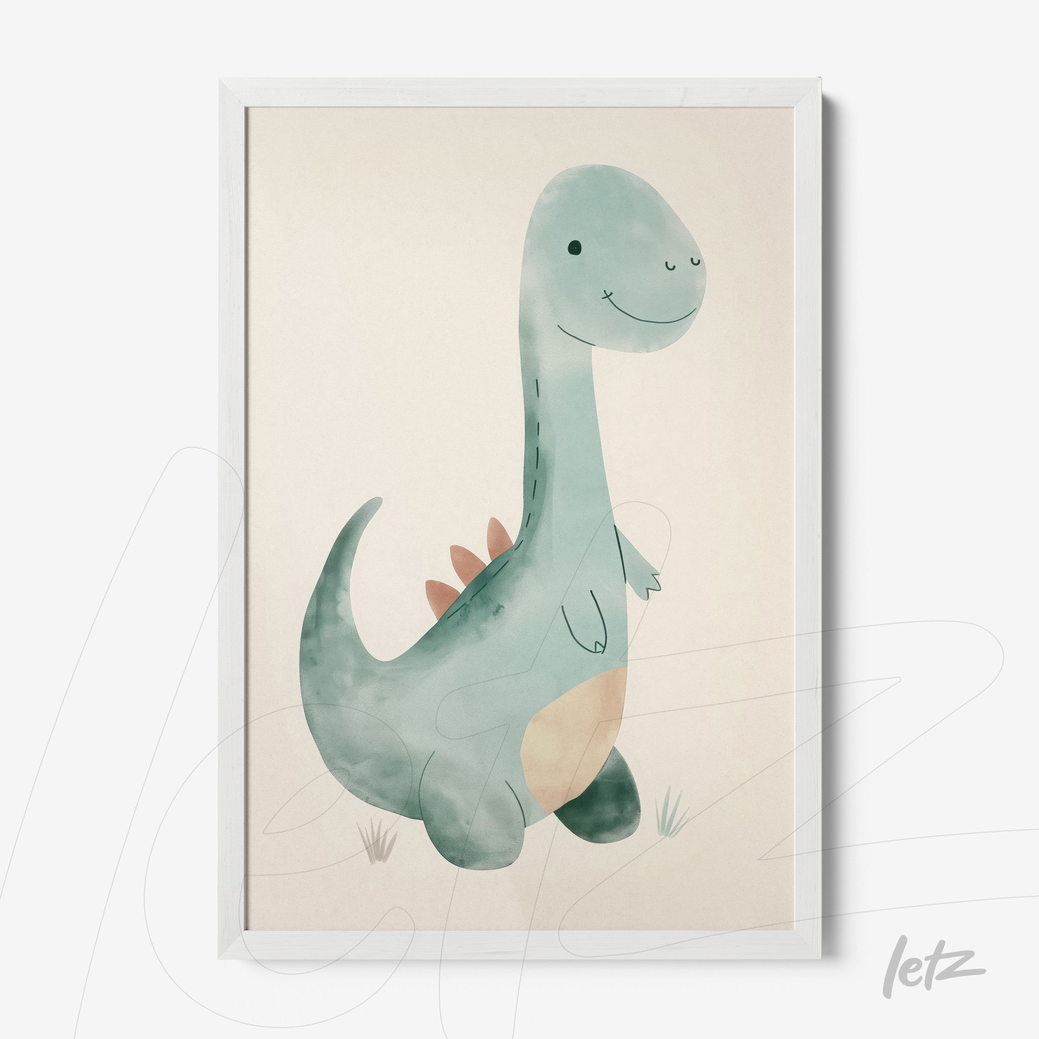 framed children's art featuring a cute dinosaur with a light blue body and a happy expression