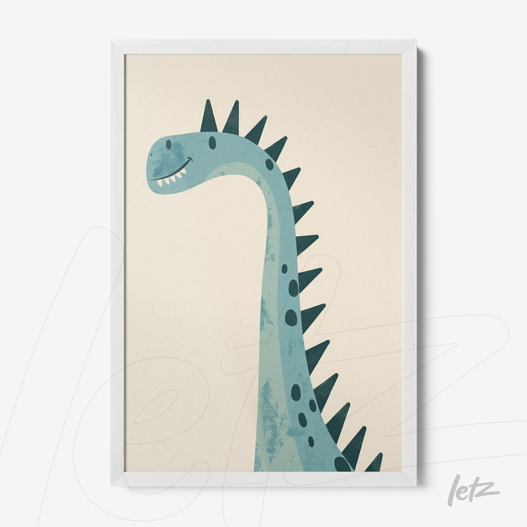framed artwork of a friendly aquatic dinosaur with a white frame