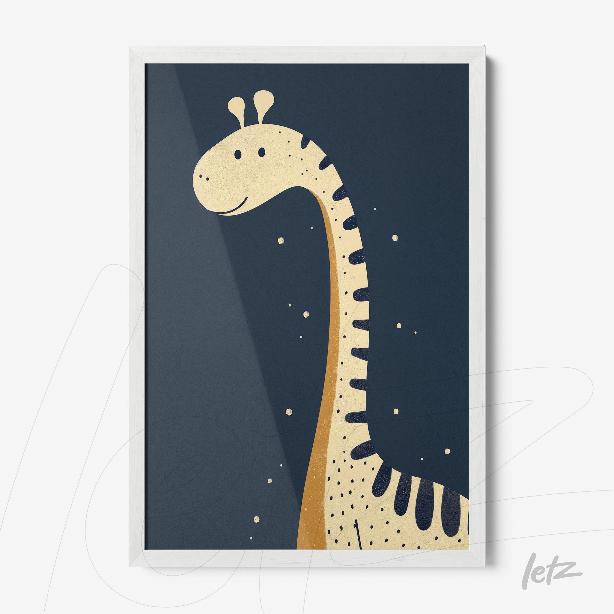 framed art featuring a dinosaur illustration on a dark blue background with a white frame