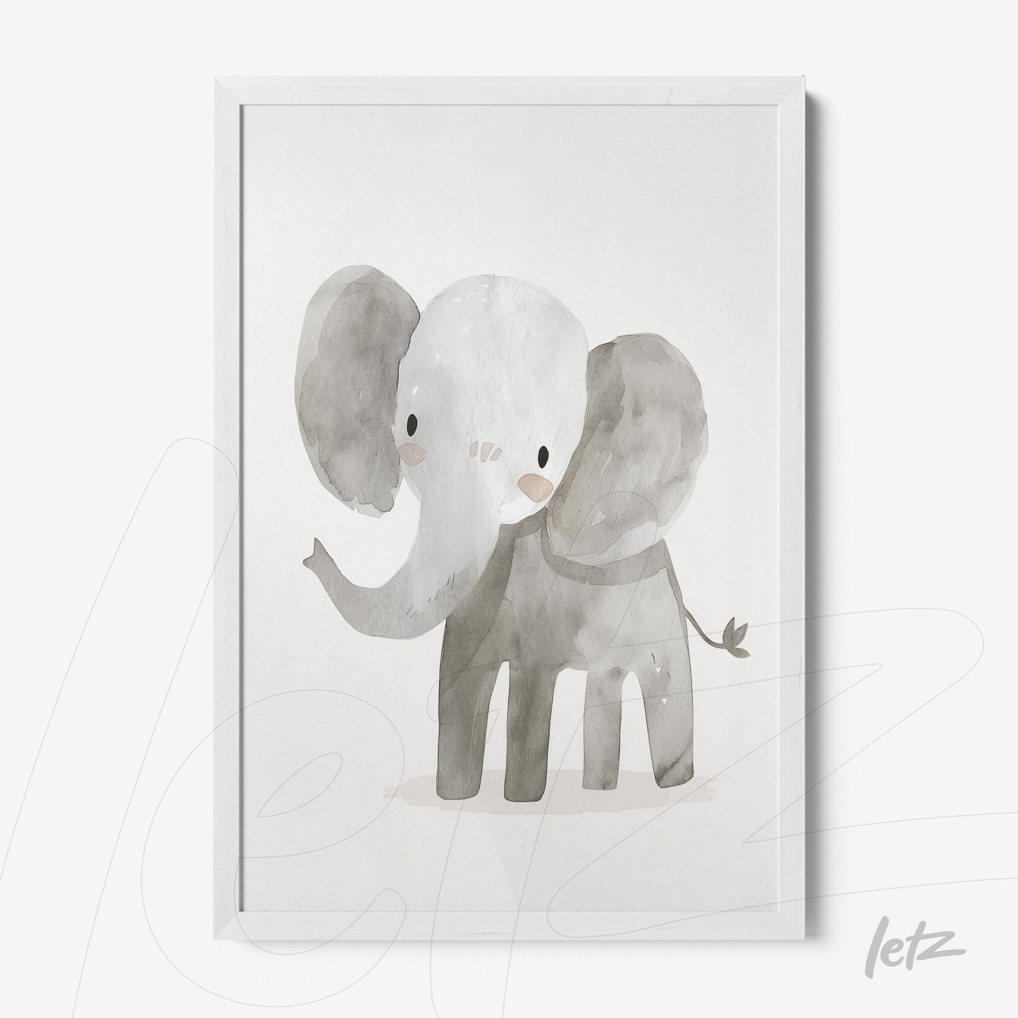 framed watercolor illustration of a cute elephant in a white frame
