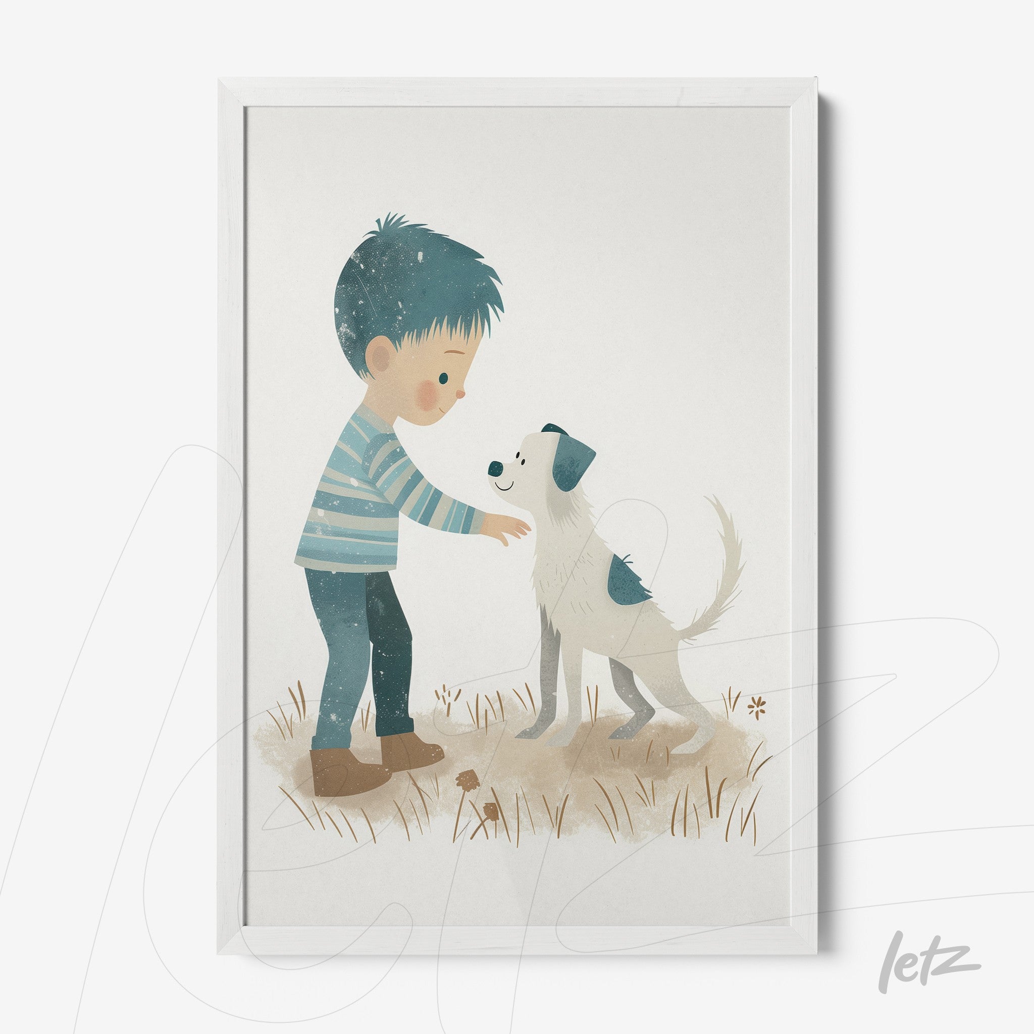 framed artwork of a child in a striped shirt interacting with a dog in a grassy background