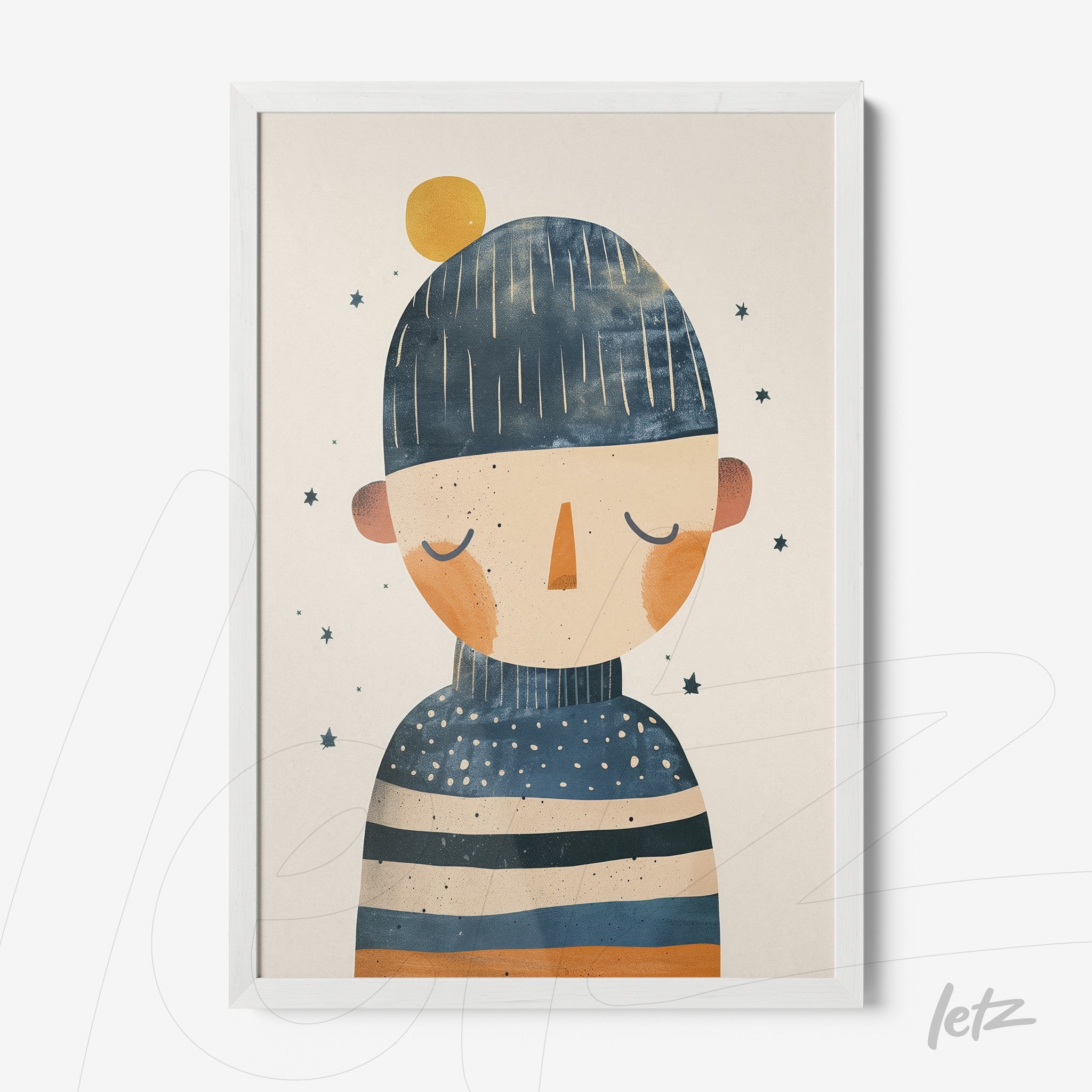 framed artwork depicting a human figure with a blue hat and striped patterns in various tones