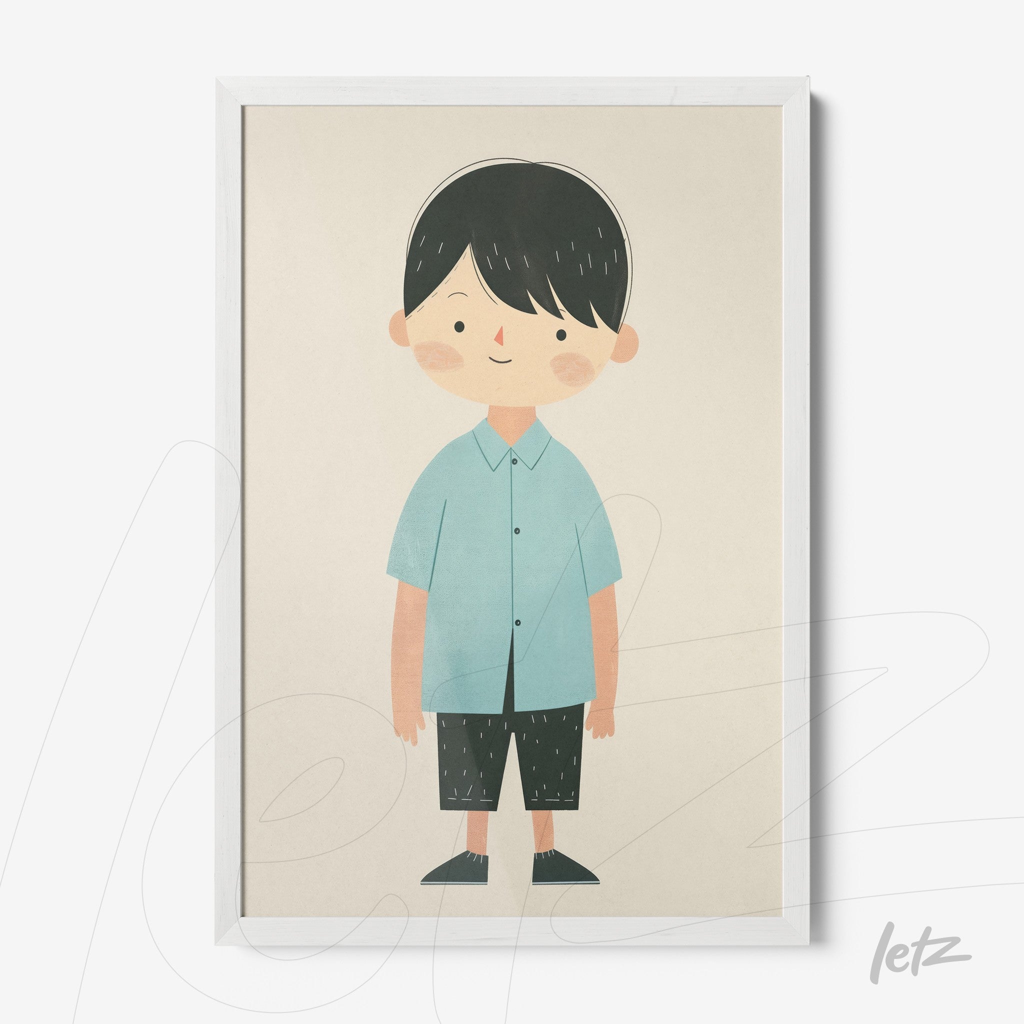 framed illustration of a smiling boy wearing a light blue shirt and black pants