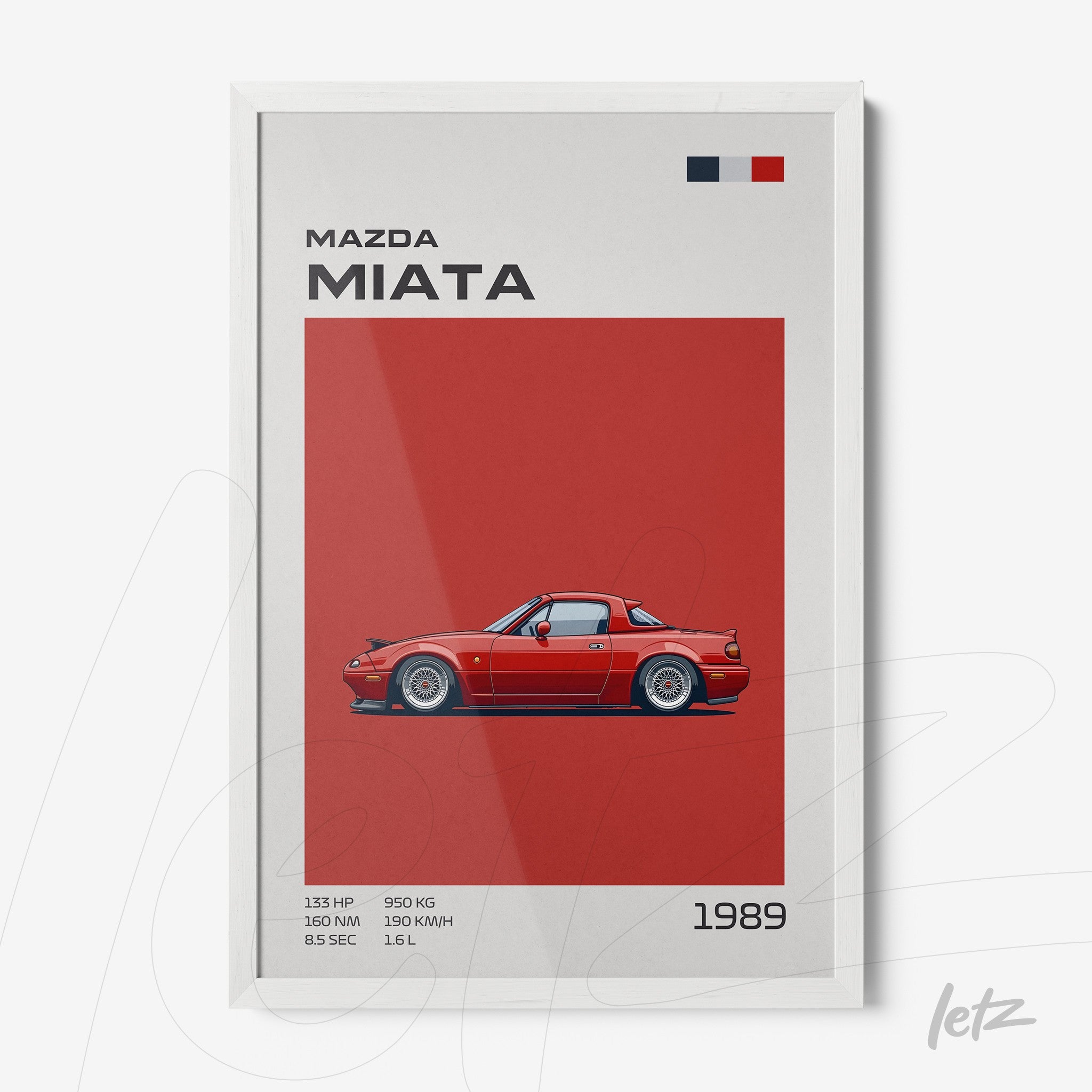 framed artwork featuring an illustration of the 1989 Mazda Miata with a white frame