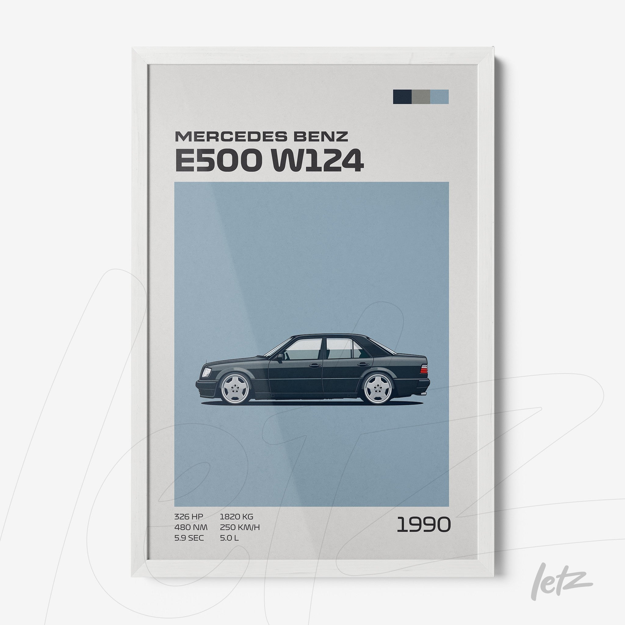 framed artwork featuring an illustration of the Mercedes Benz E500 W124 with a white frame, blue background, and technical details at the bottom