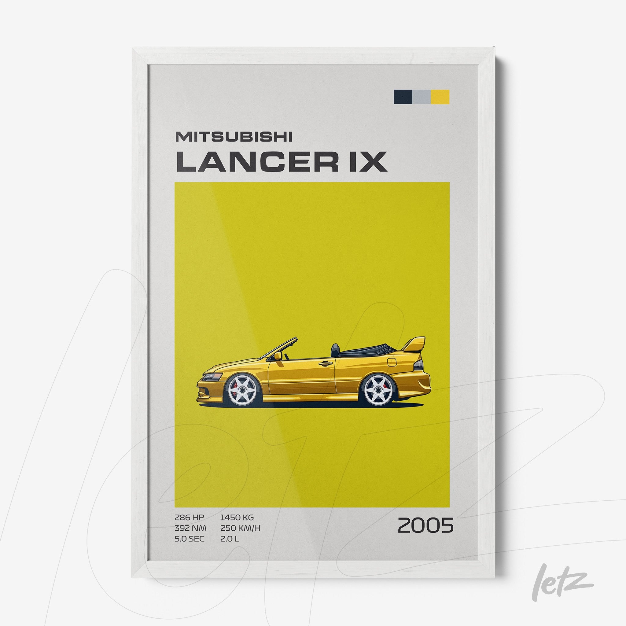 framed artwork featuring a Mitsubishi Lancer IX from 2005 against a vibrant yellow background with a white frame