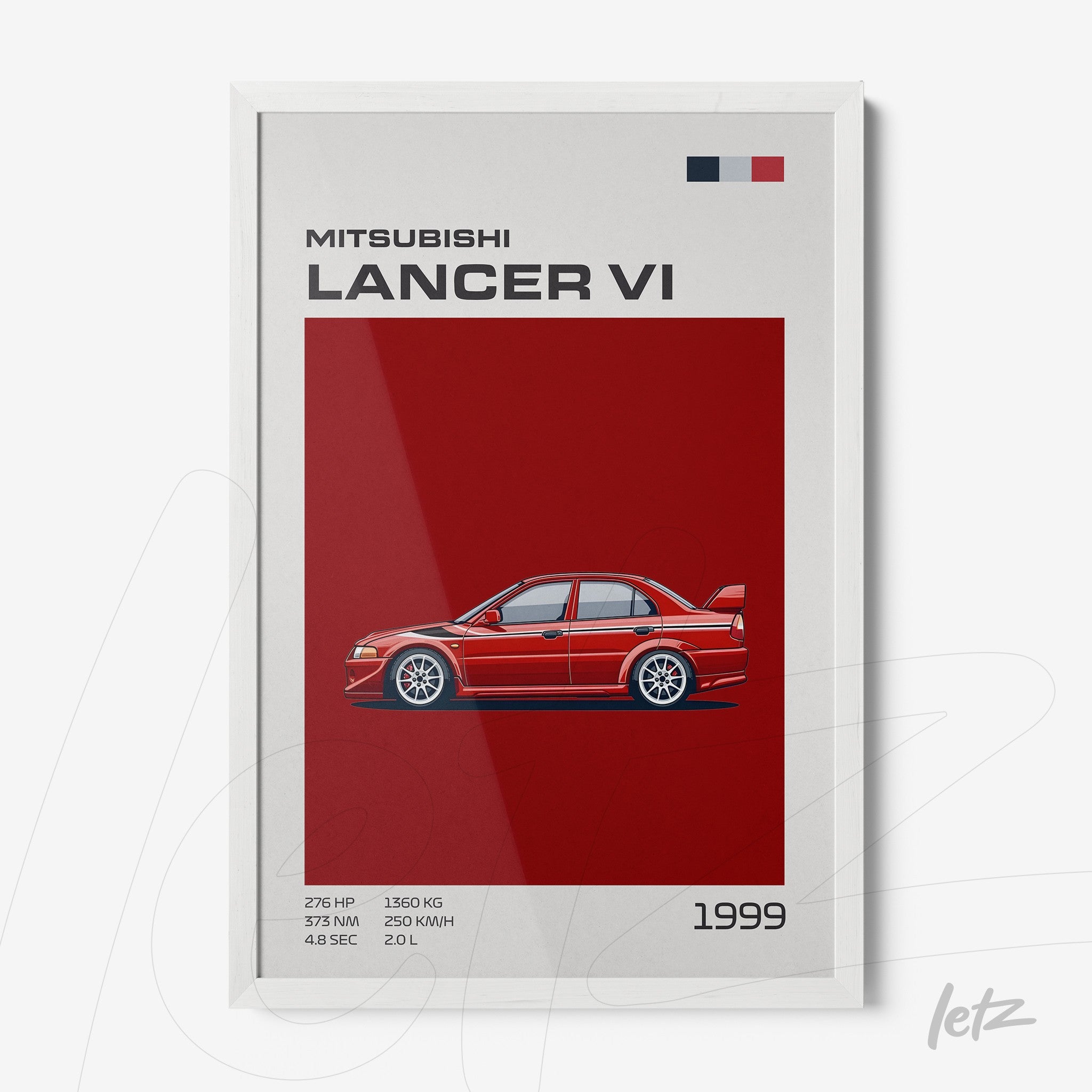 framed illustration of Mitsubishi Lancer VI with a red background and white frame