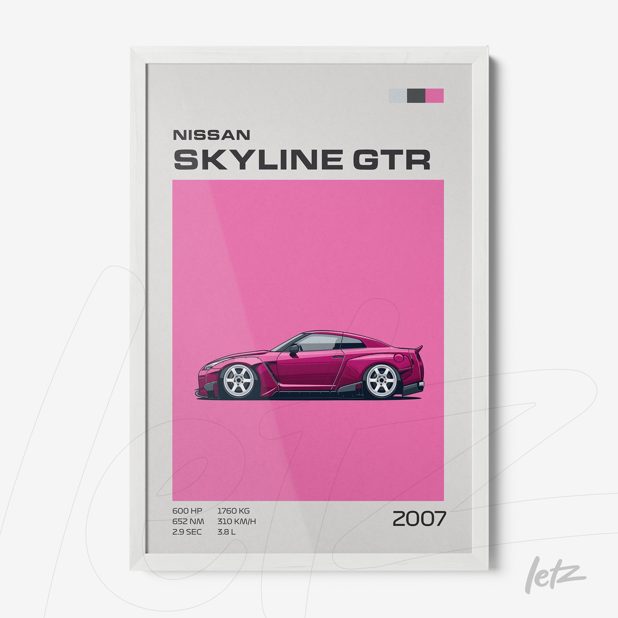 framed digital art of Nissan Skyline GTR on pink background with white frame