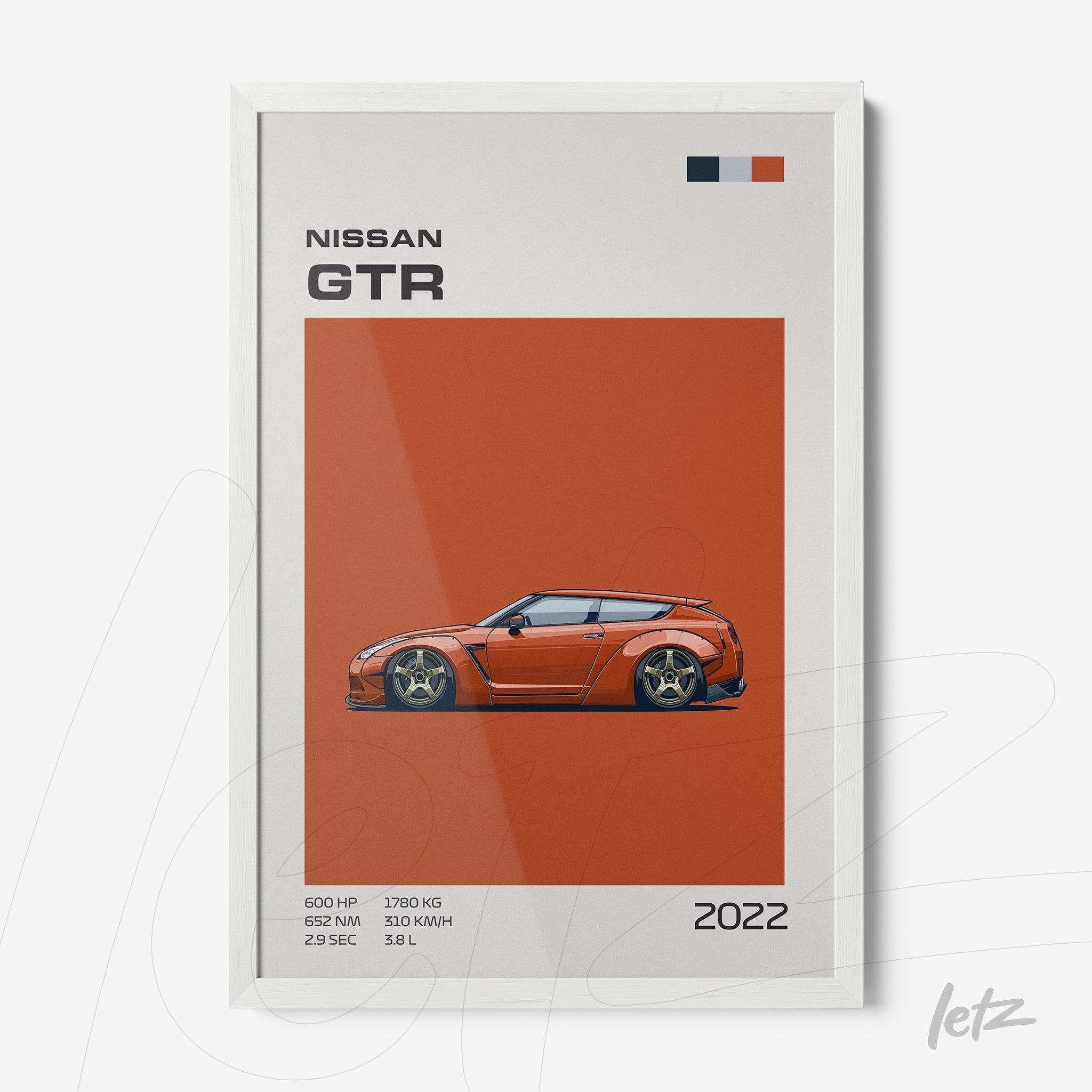 framed wall art featuring a sporty Nissan GTR illustration with a white frame and orange background