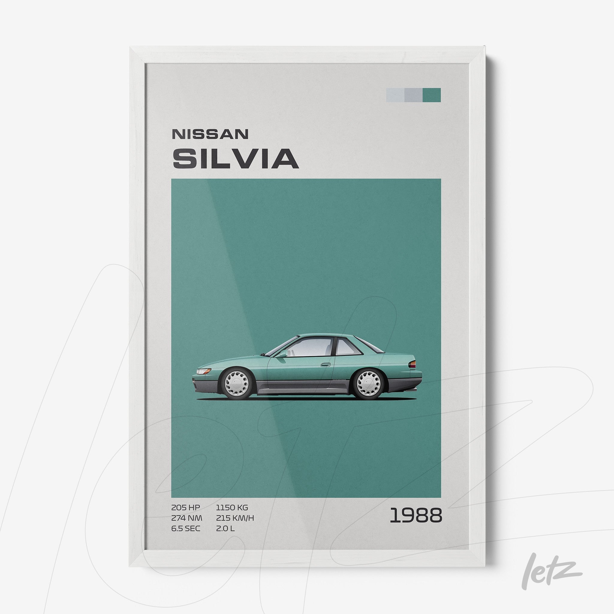framed illustration of the Nissan Silvia car in a white frame