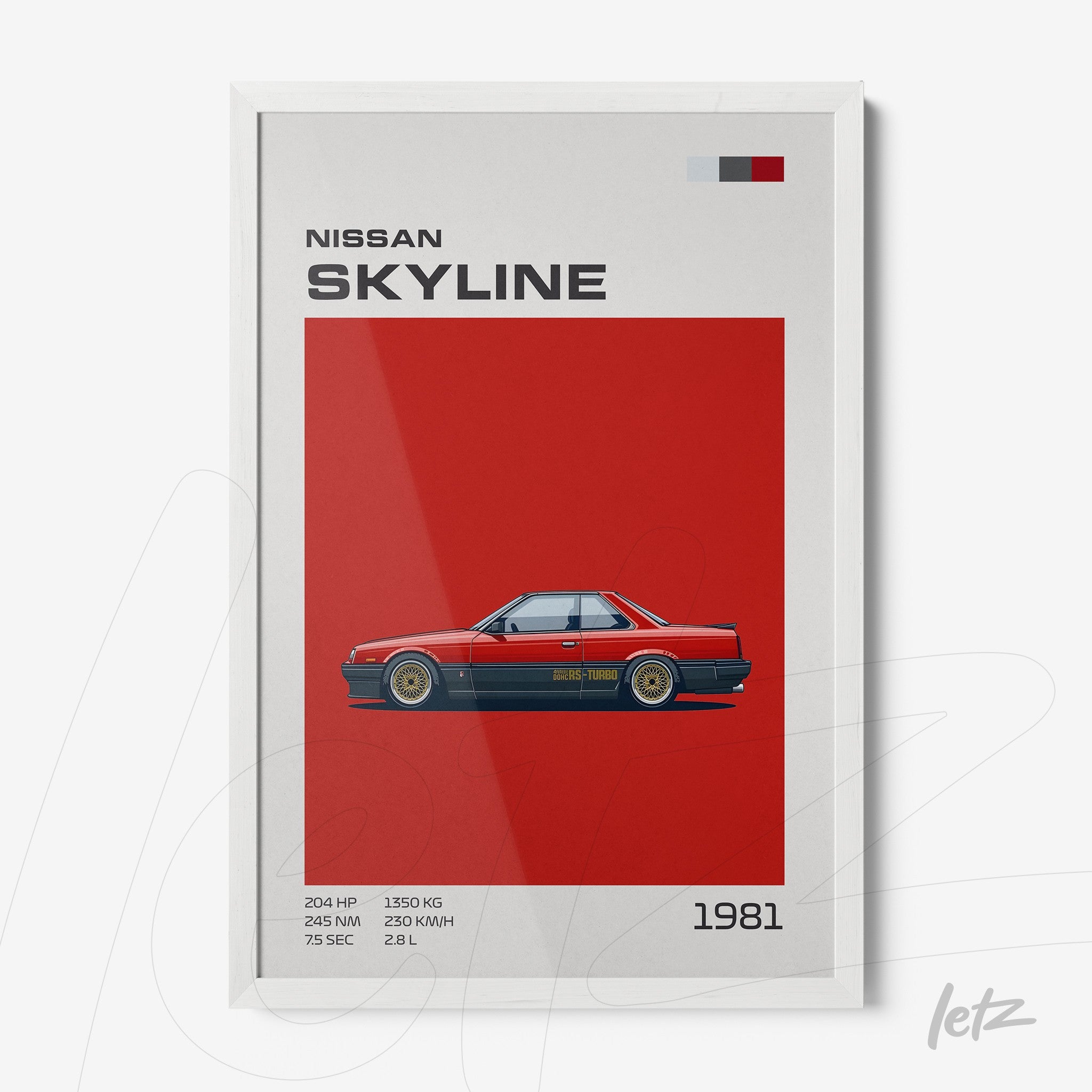 framed artwork featuring the 1981 Nissan Skyline car illustration on a red background with a white frame