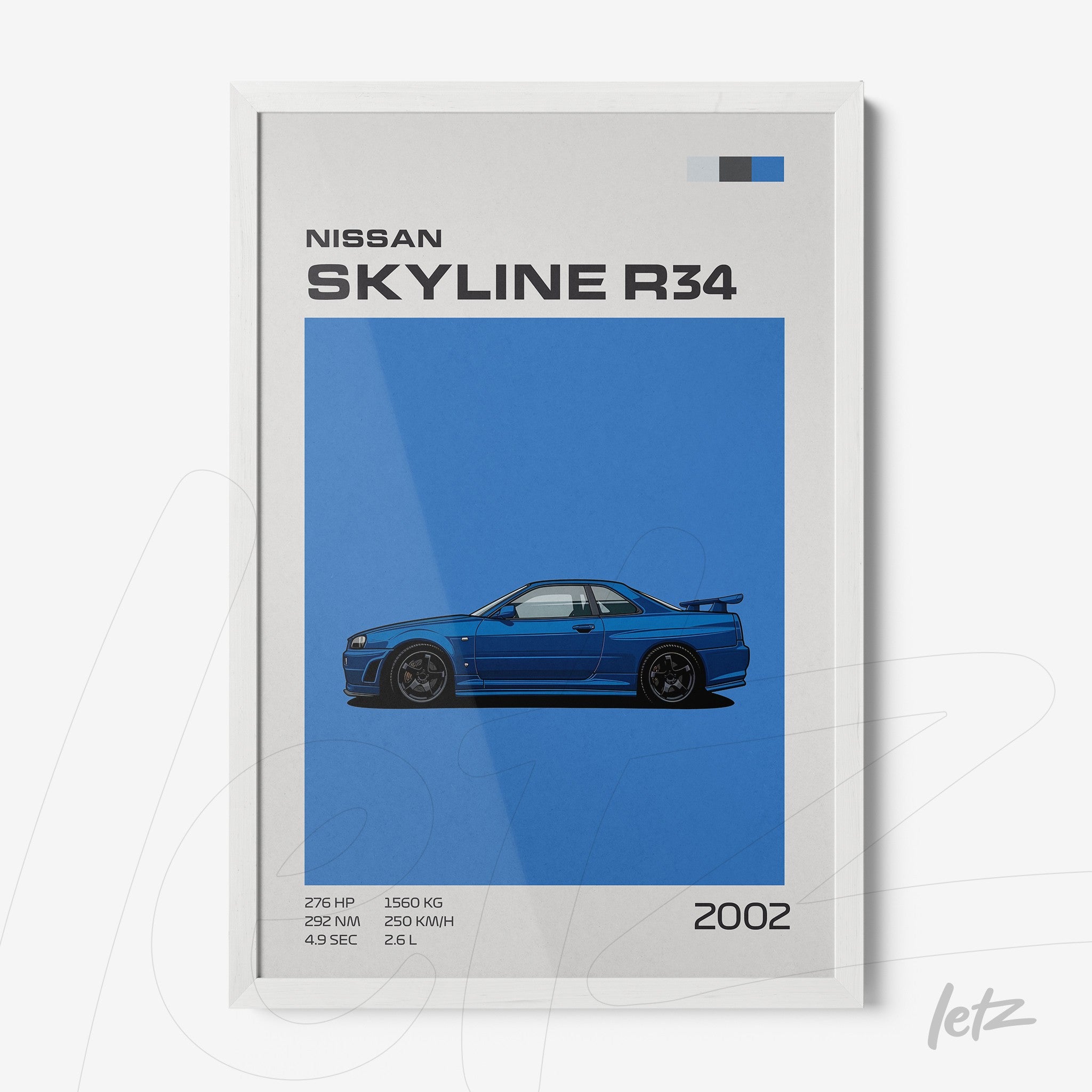 framed artwork featuring the Nissan Skyline R34 2002 illustration on a blue background with technical details and white frame
