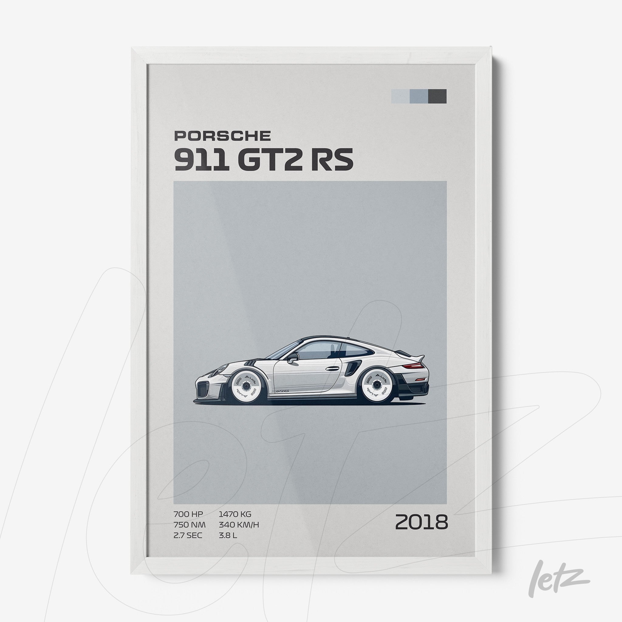 framed wall art of the sports car porsche 911 gt2 rs with white frame