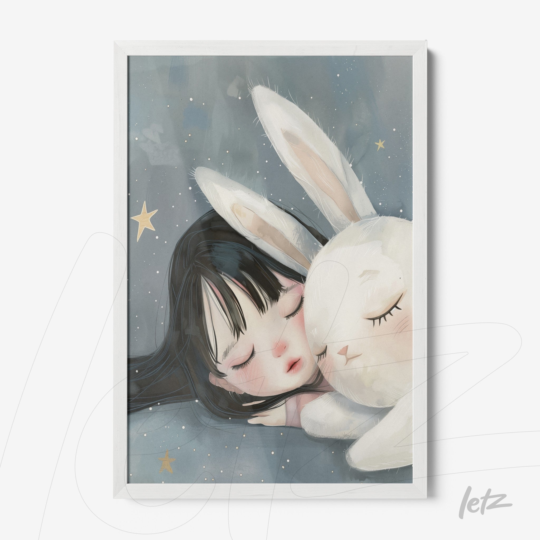 framed children's art of a girl sleeping next to a white bunny on a starry blue background