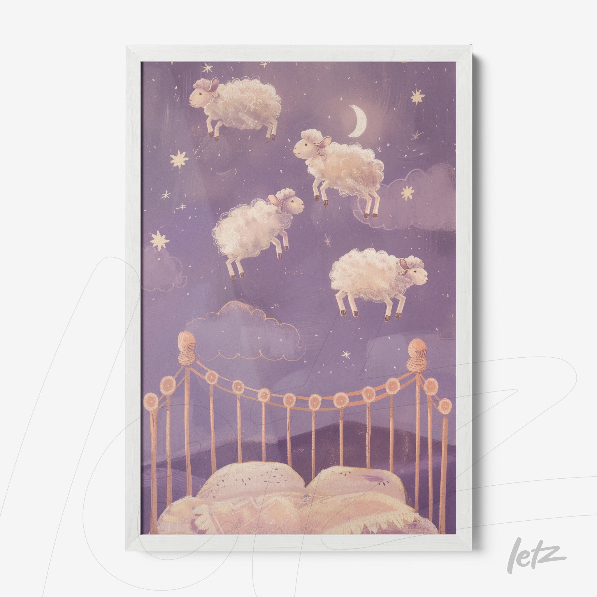 framed artwork featuring whimsical illustration of sheep floating over a bed in a starry sky