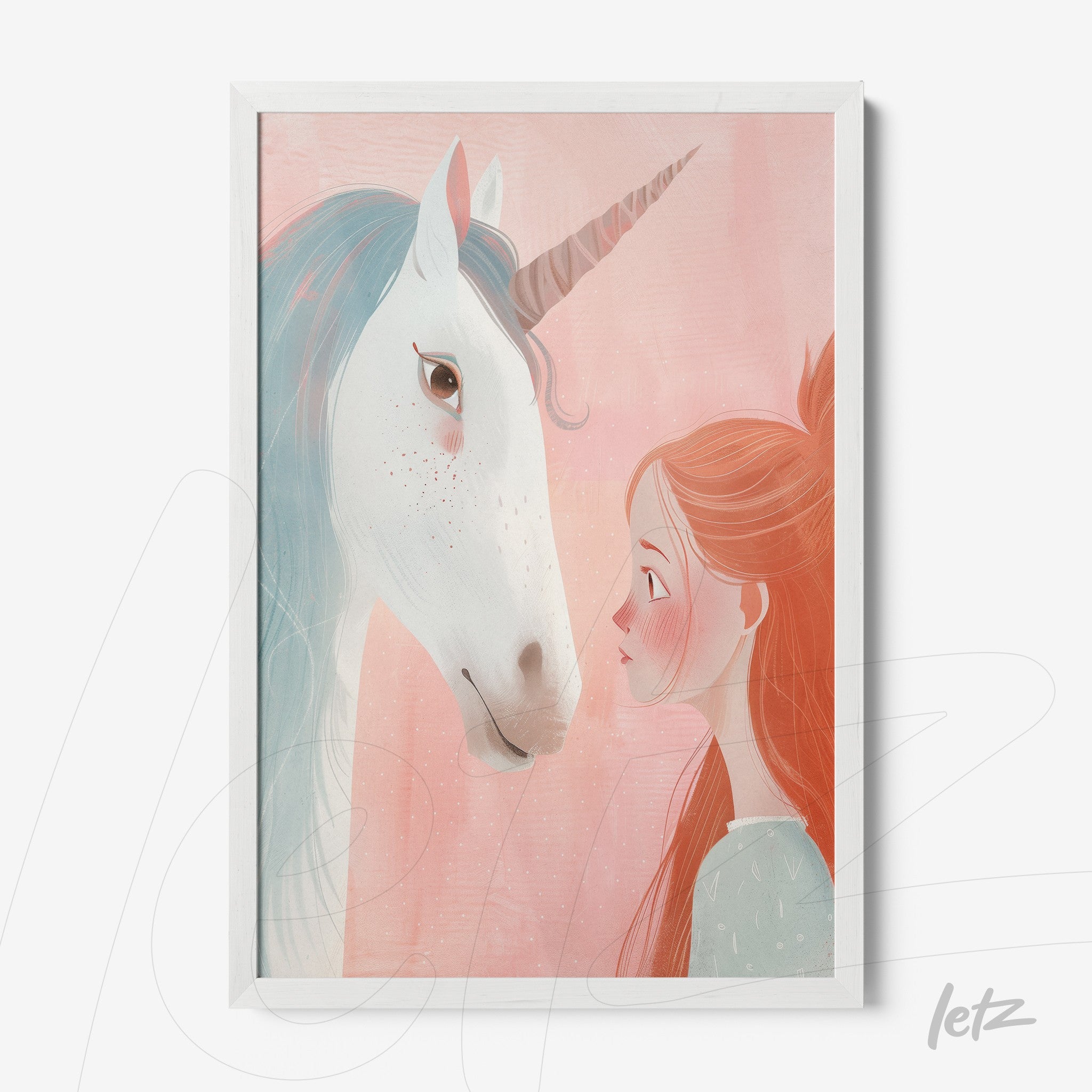 canvas print featuring a girl gazing at a unicorn against a soft pink background with a white frame