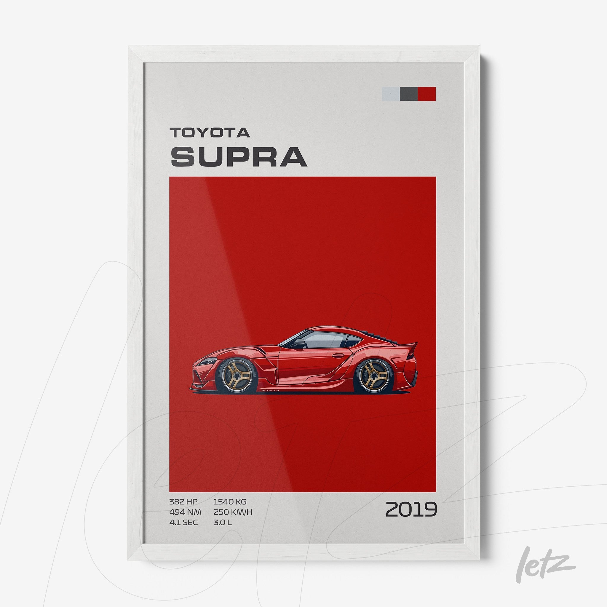 framed wall art featuring digital illustration of 2019 Toyota Supra against a red background with white frame