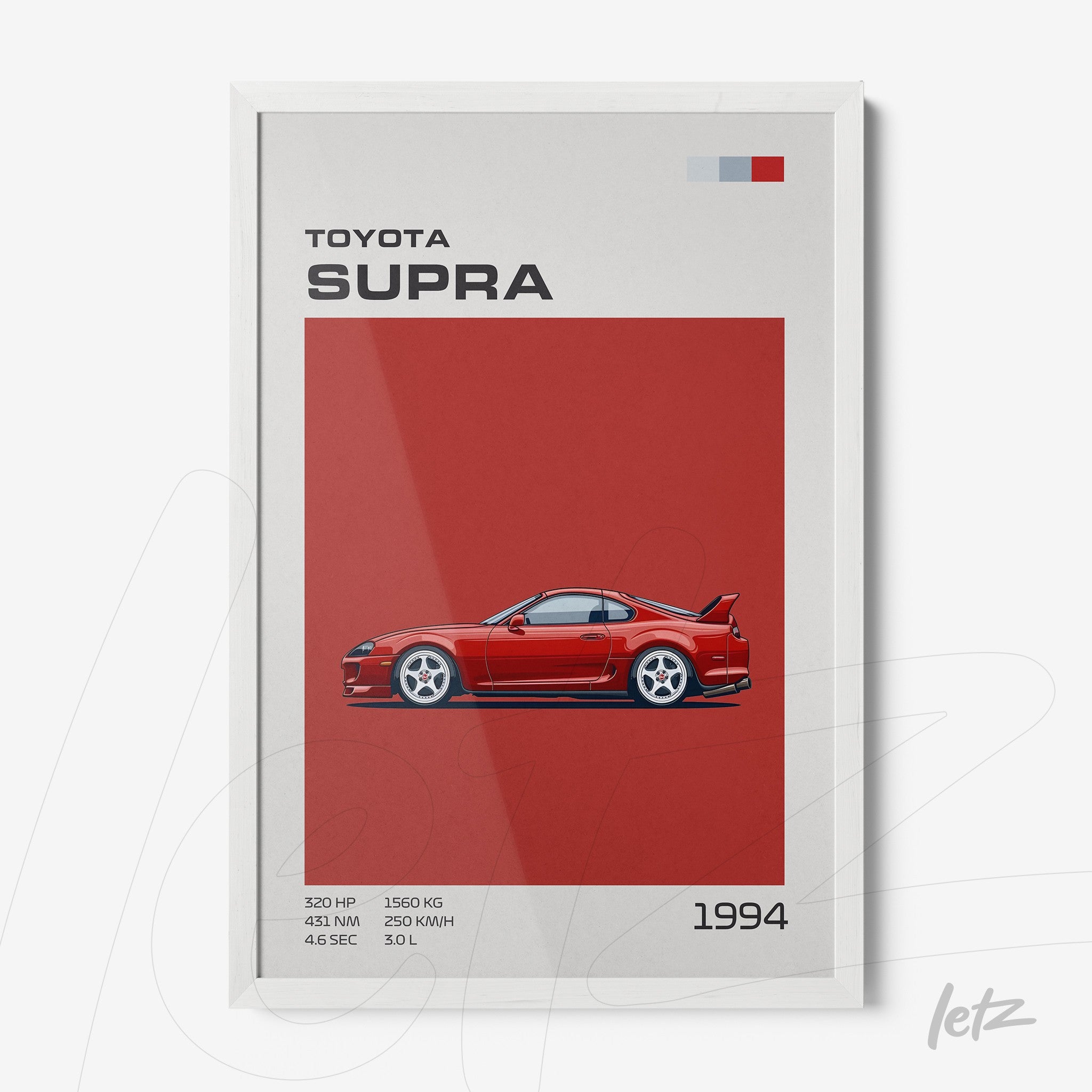 framed artwork featuring a 1994 Toyota Supra sports car illustration in white frame