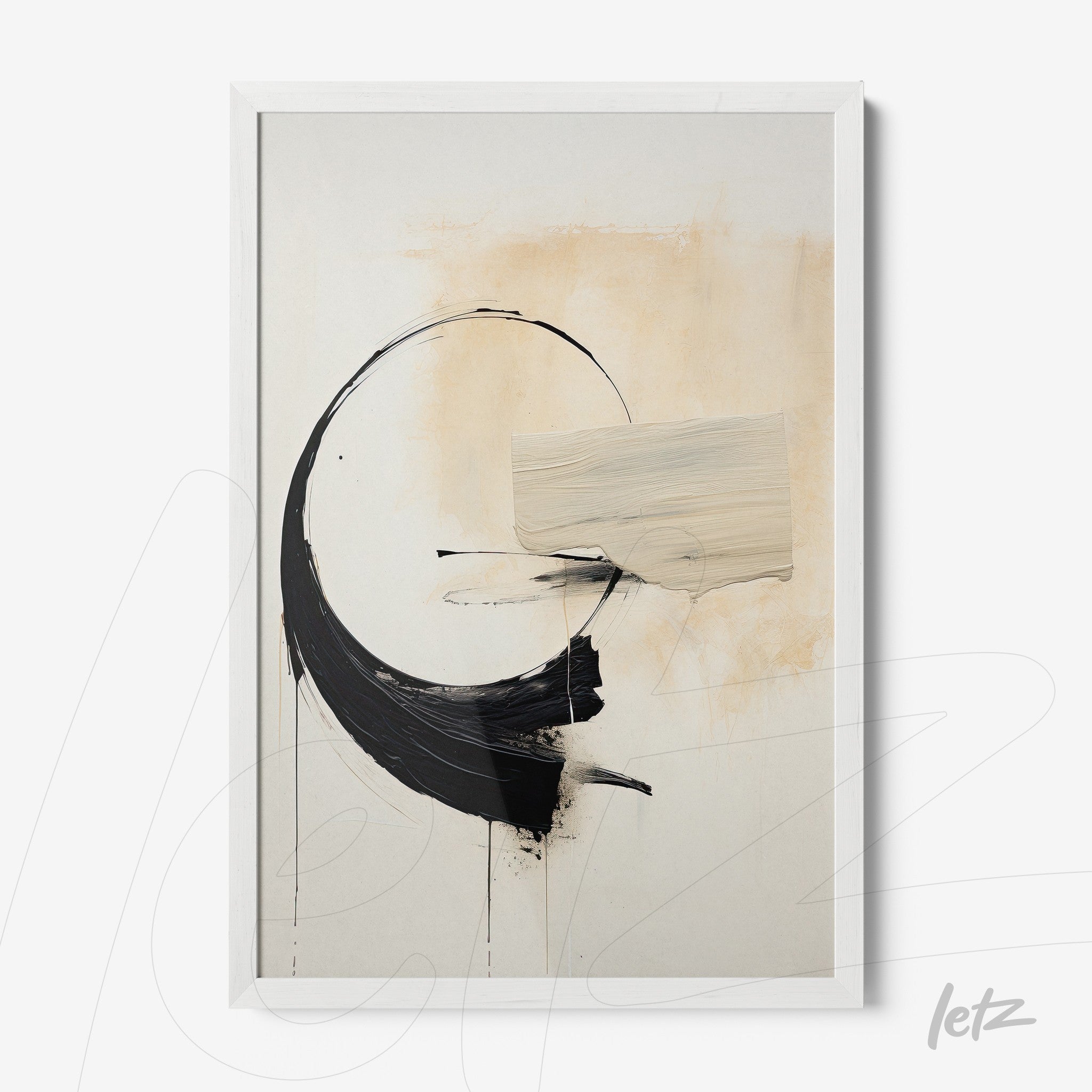 framed abstract art featuring bold black brush strokes and beige accent on a textured background